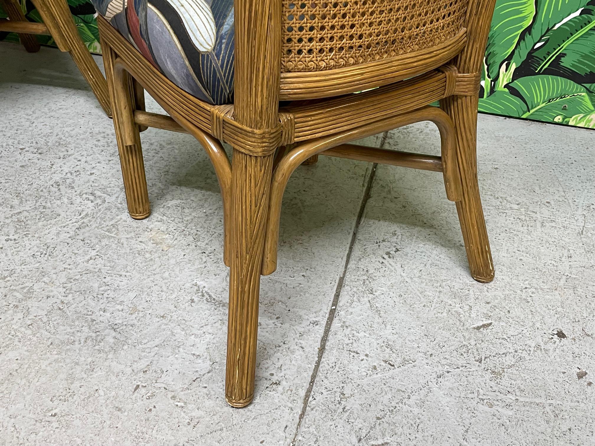 Upholstery Pencil Reed Rattan and Cane Dining Chairs For Sale