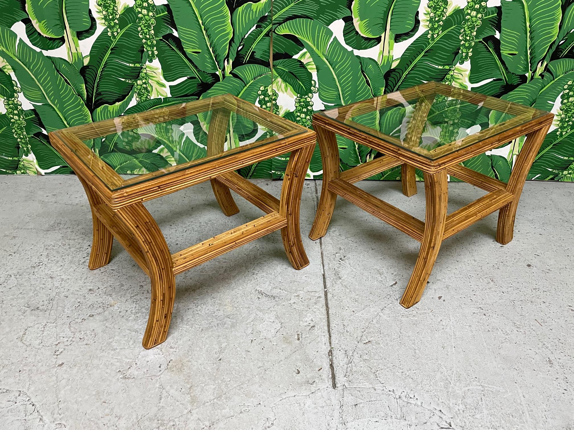Organic Modern Pencil Reed Rattan and Glass End or Side Tables, a Pair