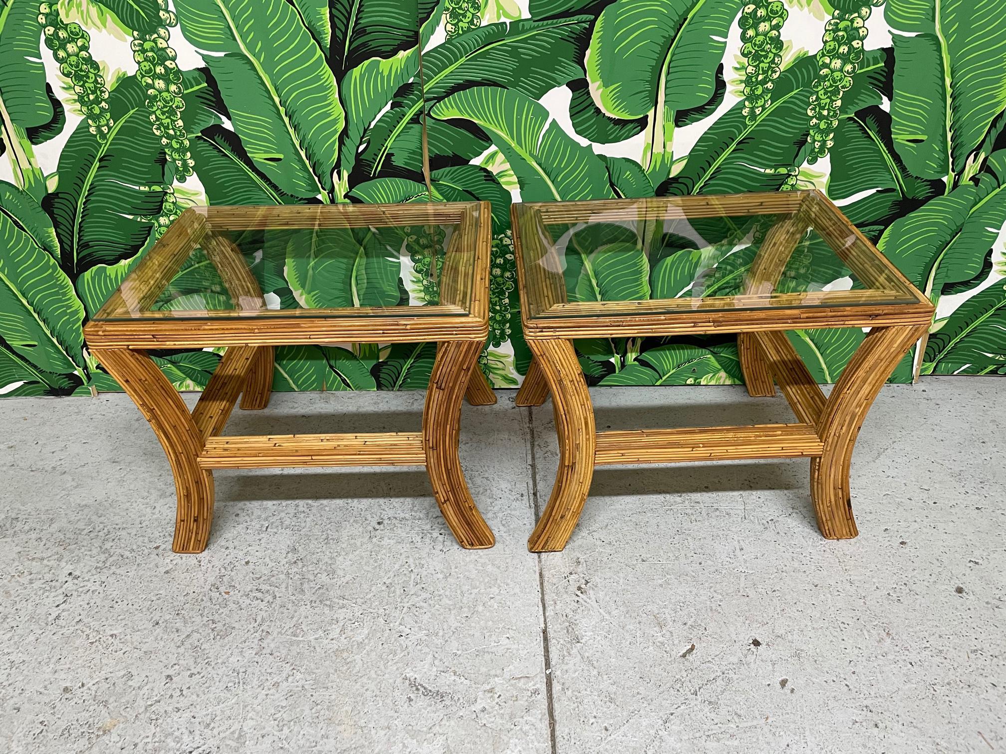 Pencil Reed Rattan and Glass End/Side Tables, a Pair In Good Condition For Sale In Jacksonville, FL