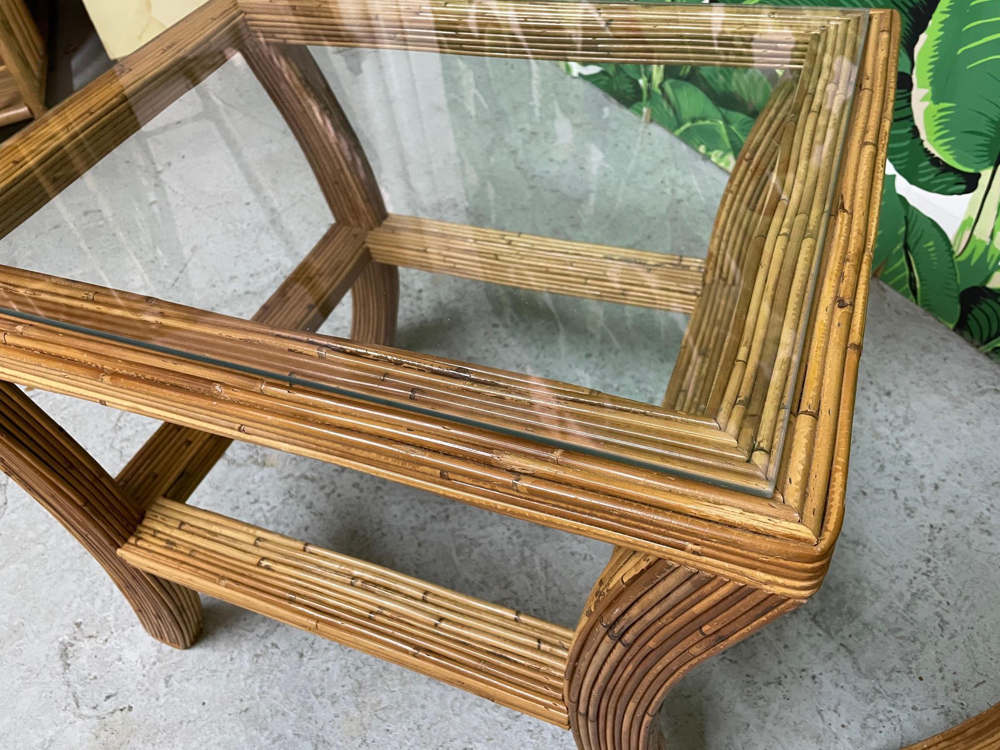 Late 20th Century Pencil Reed Rattan and Glass End/Side Tables, a Pair For Sale