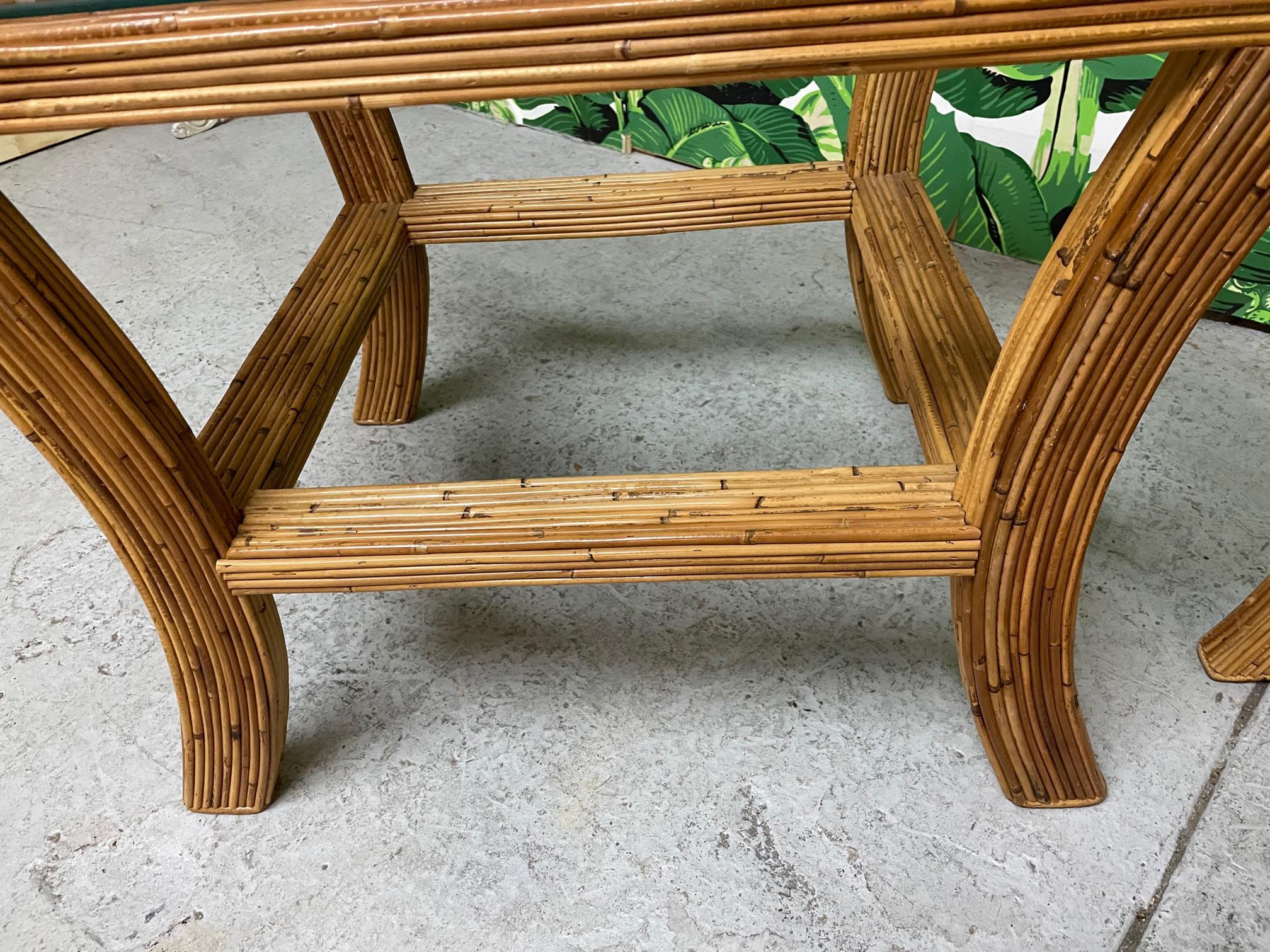 Pencil Reed Rattan and Glass End/Side Tables, a Pair For Sale 1