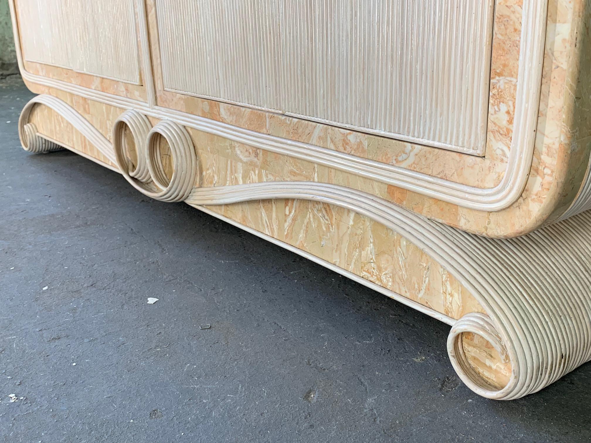 Pencil Reed Rattan and Stone Scroll Sideboard In Good Condition In Jacksonville, FL