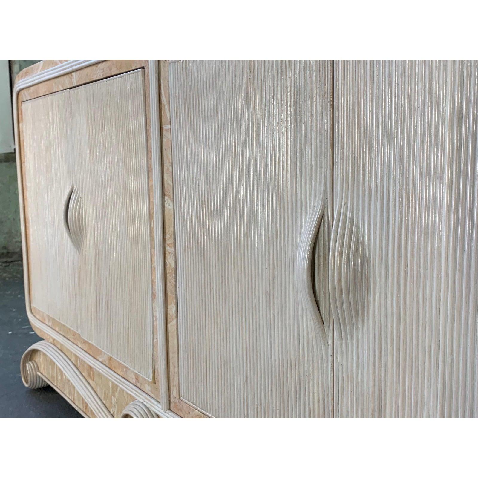 Late 20th Century Pencil Reed Rattan and Stone Scroll Sideboard
