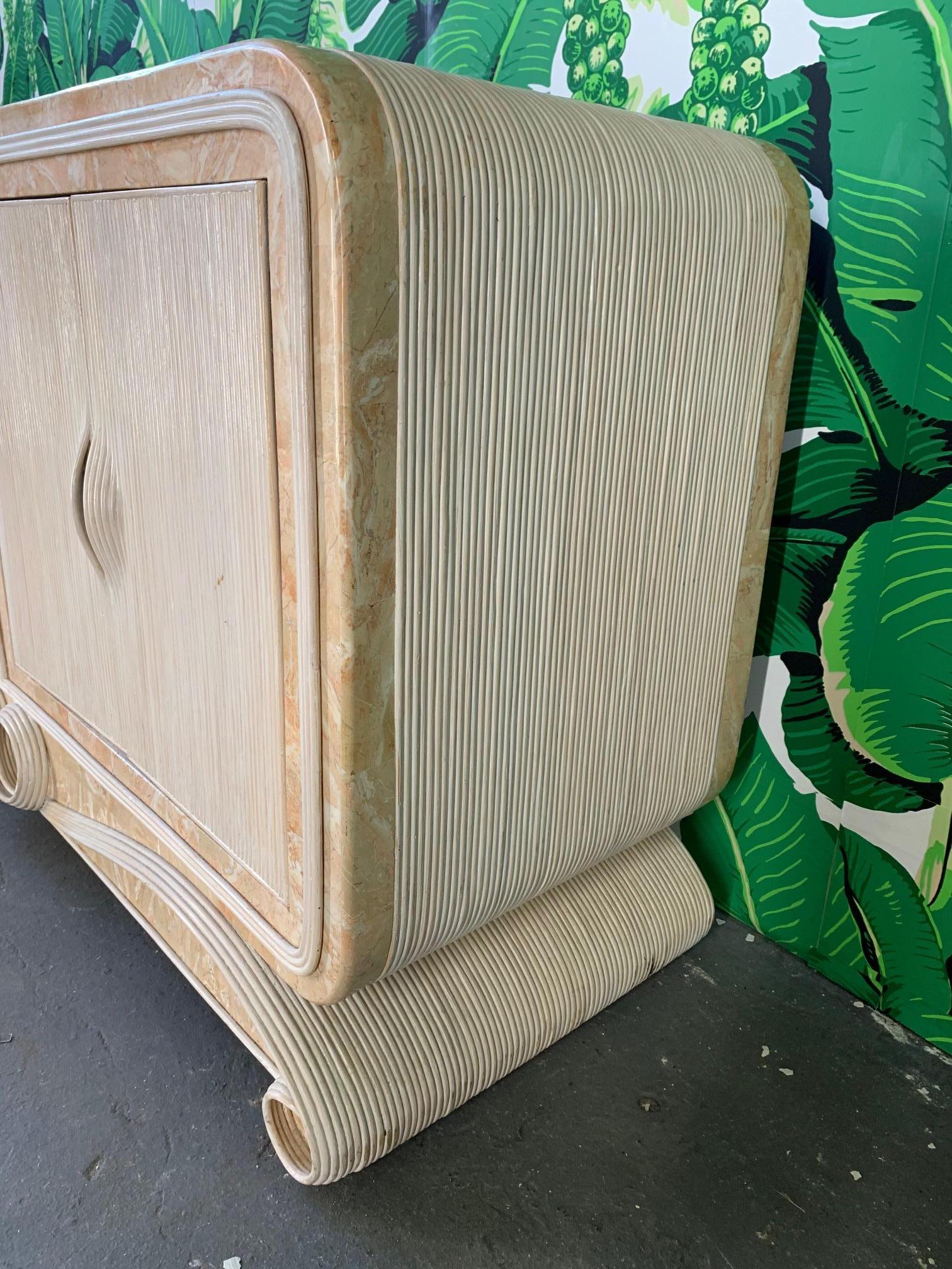 Late 20th Century Pencil Reed Rattan and Stone Scroll Sideboard