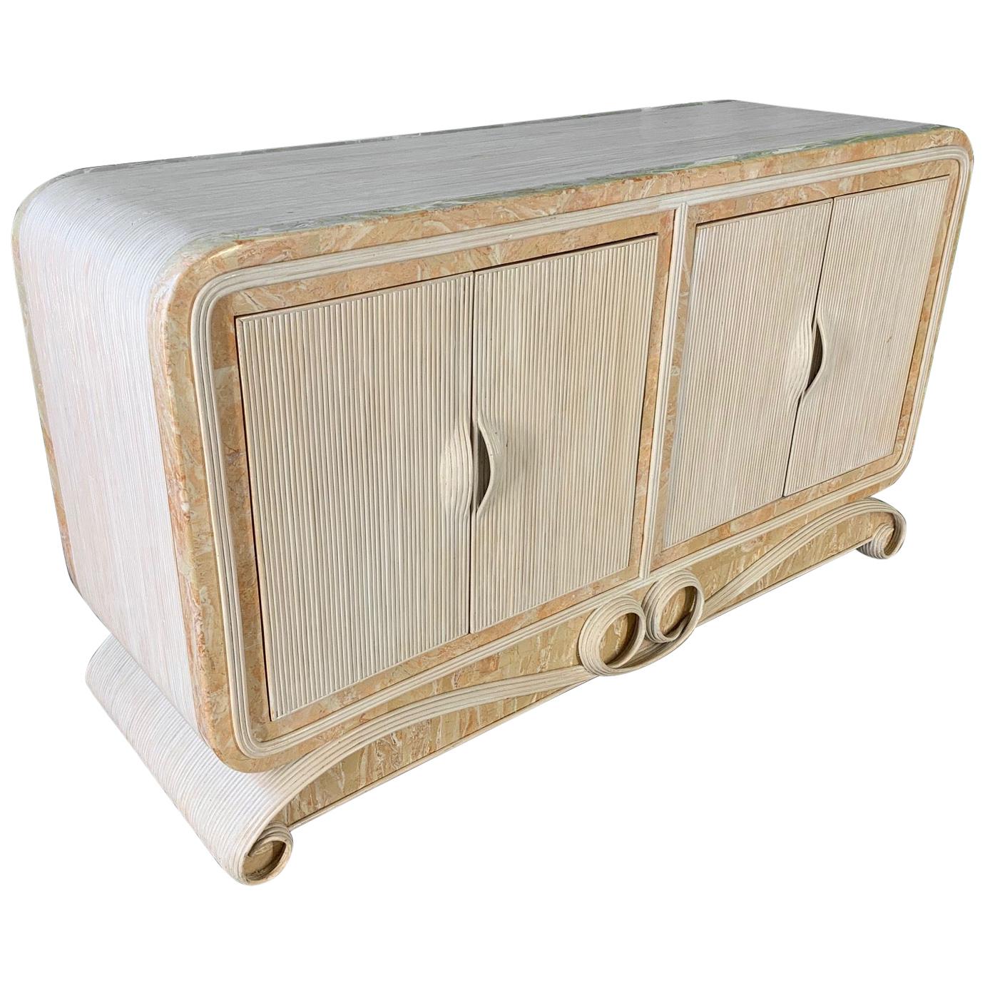 Pencil Reed Rattan and Stone Scroll Sideboard