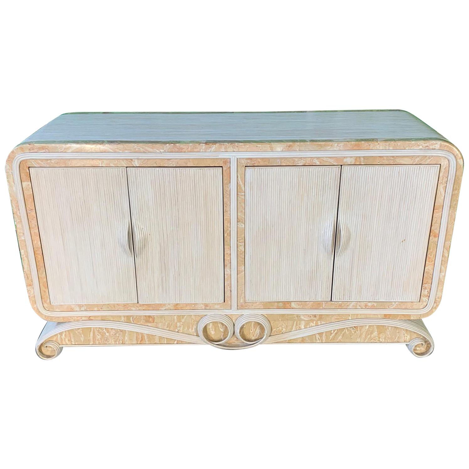 Pencil Reed Rattan and Stone Scroll Sideboard