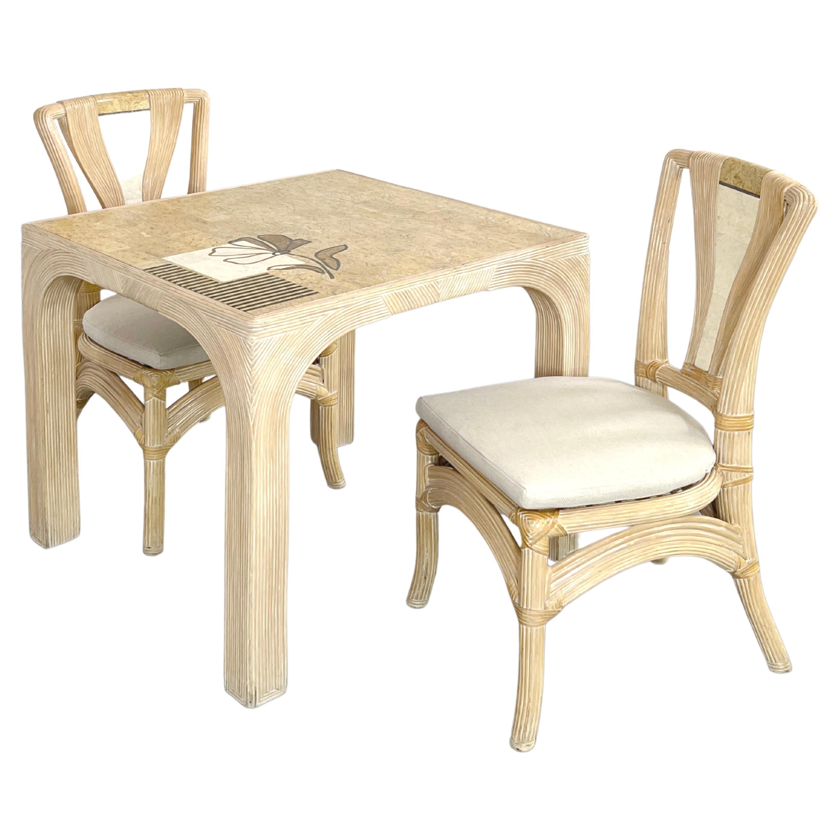 Pencil Reed Rattan And Tessellated Stone Marquetry Pedestal Table And Chairs For Sale