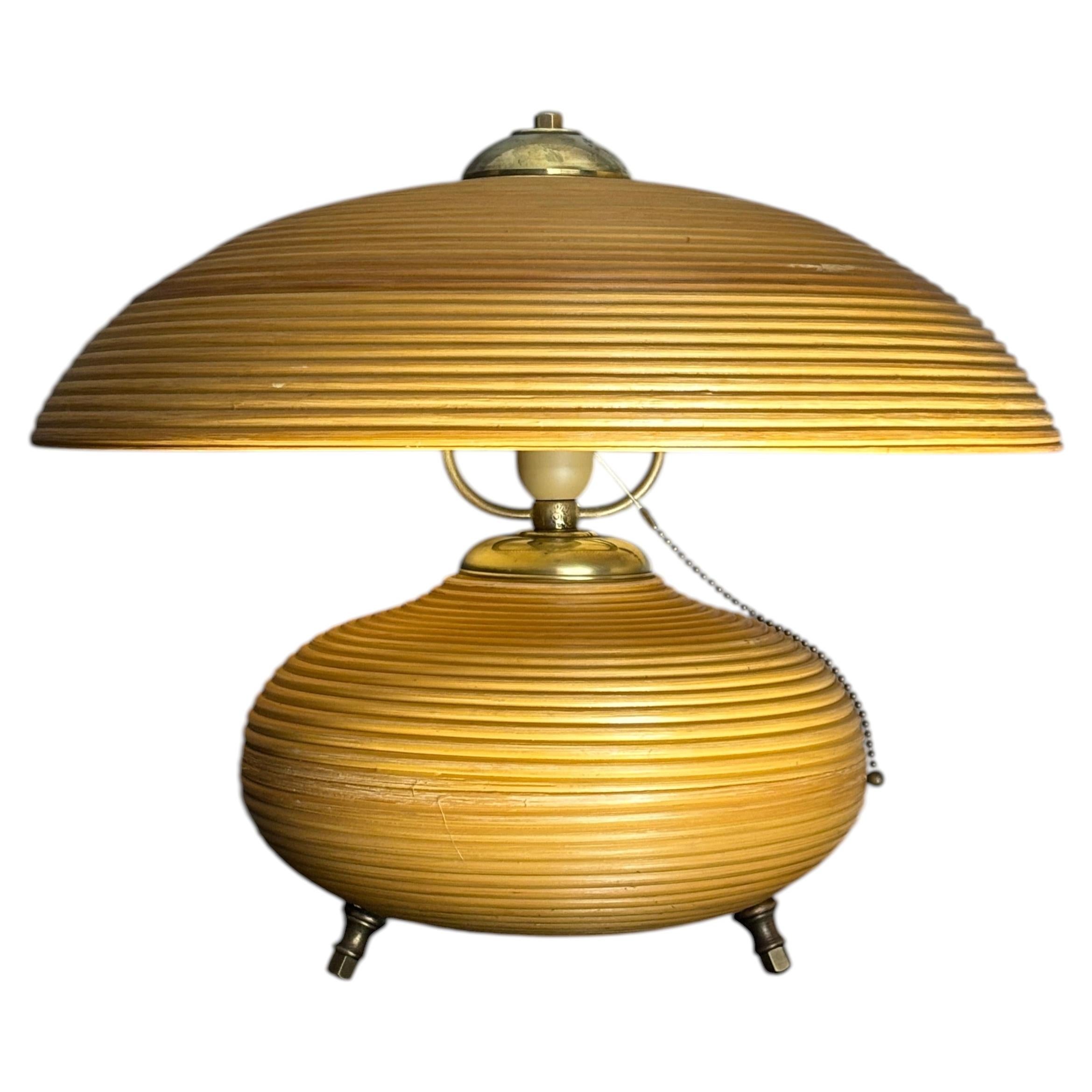 Pencil Reed Rattan Bamboo and Brass Mushroom Table Lamp, Italy, 1970s