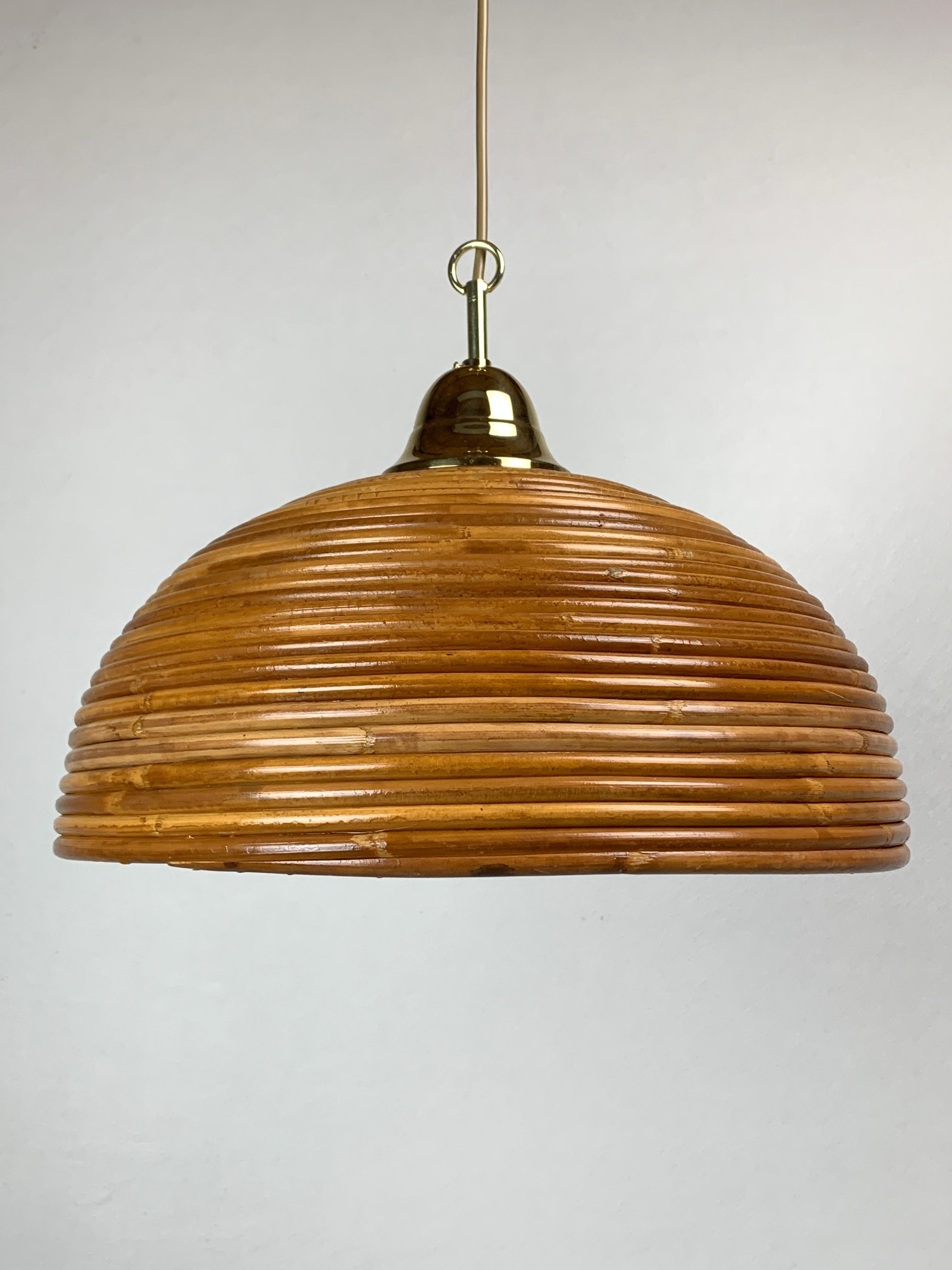 Pencil reed rattan bamboo and brass pendant hanging lamp, Italy, 1970s 3
