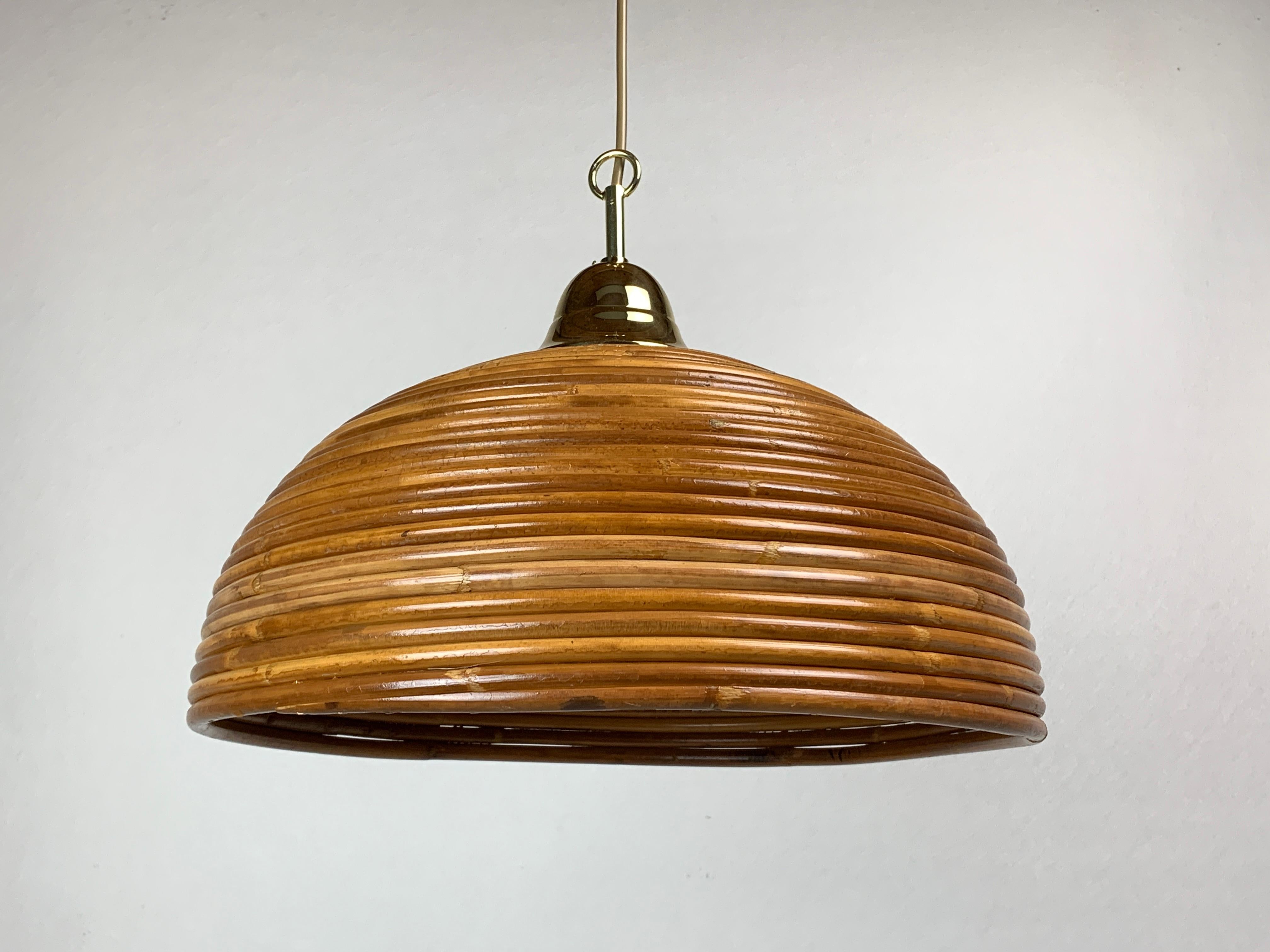 Pencil reed rattan bamboo and brass pendant hanging lamp, Italy, 1970s 4