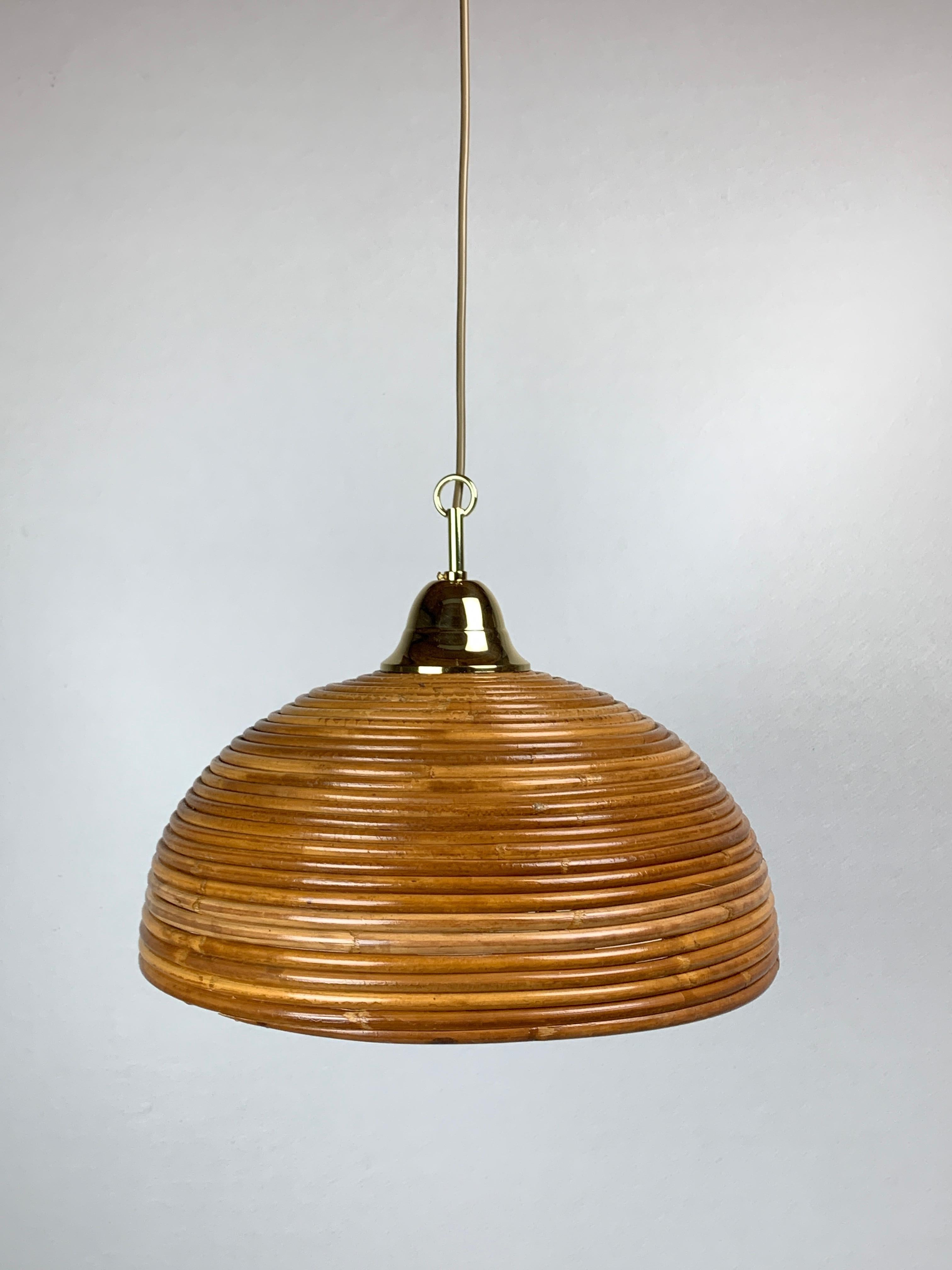 Pencil reed rattan bamboo and brass pendant hanging lamp, Italy, 1970s 5
