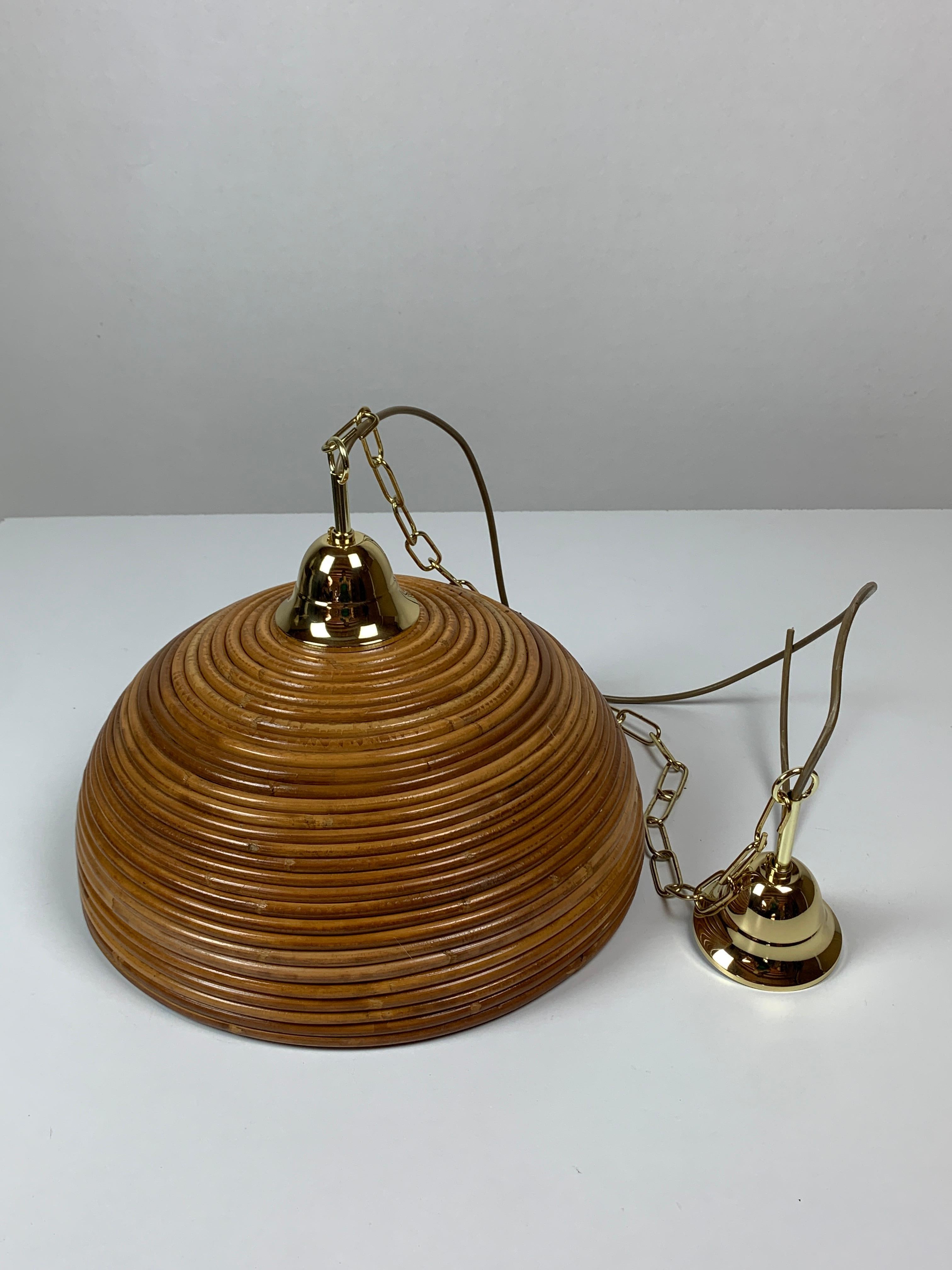 Pencil reed rattan bamboo and brass pendant hanging lamp, Italy, 1970s 6