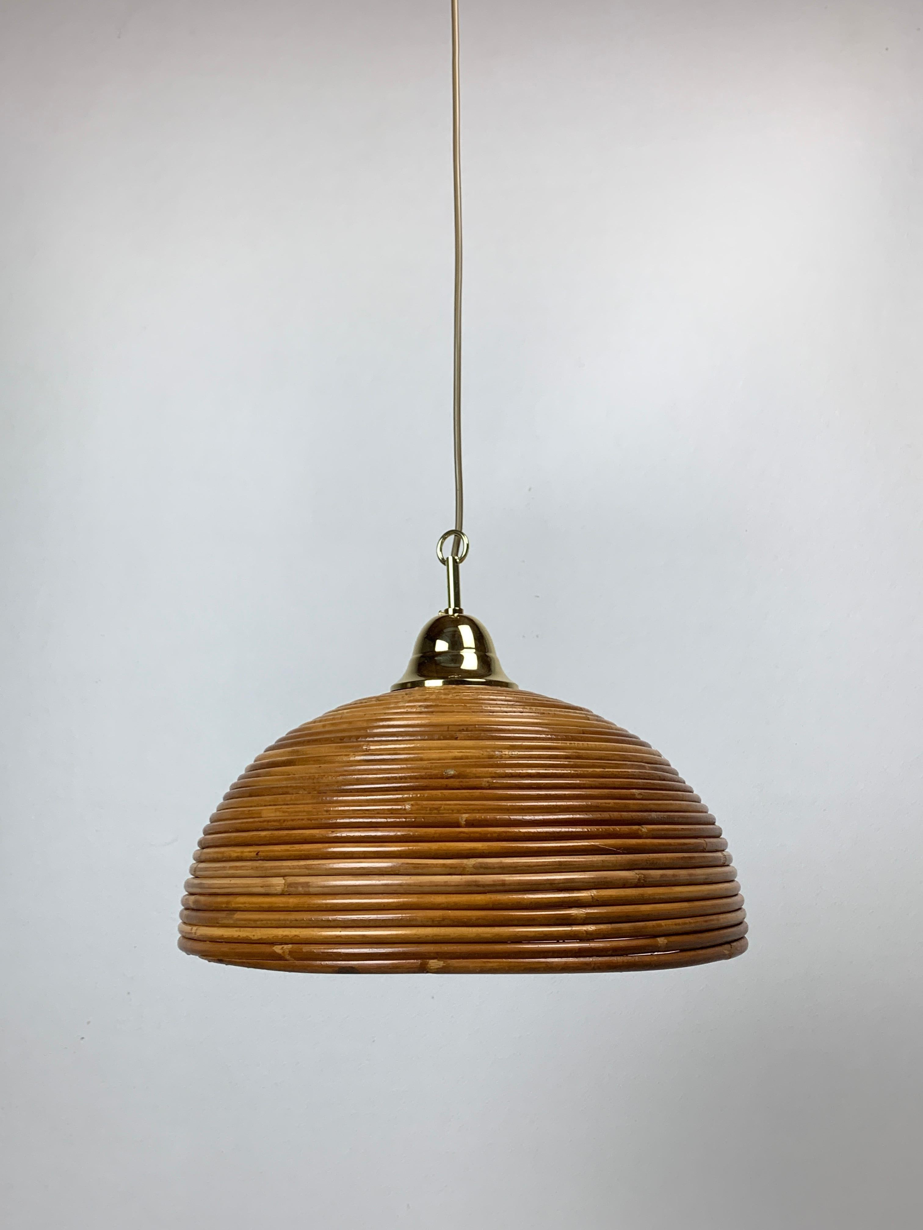 Mid-Century Modern Pencil reed rattan bamboo and brass pendant hanging lamp, Italy, 1970s