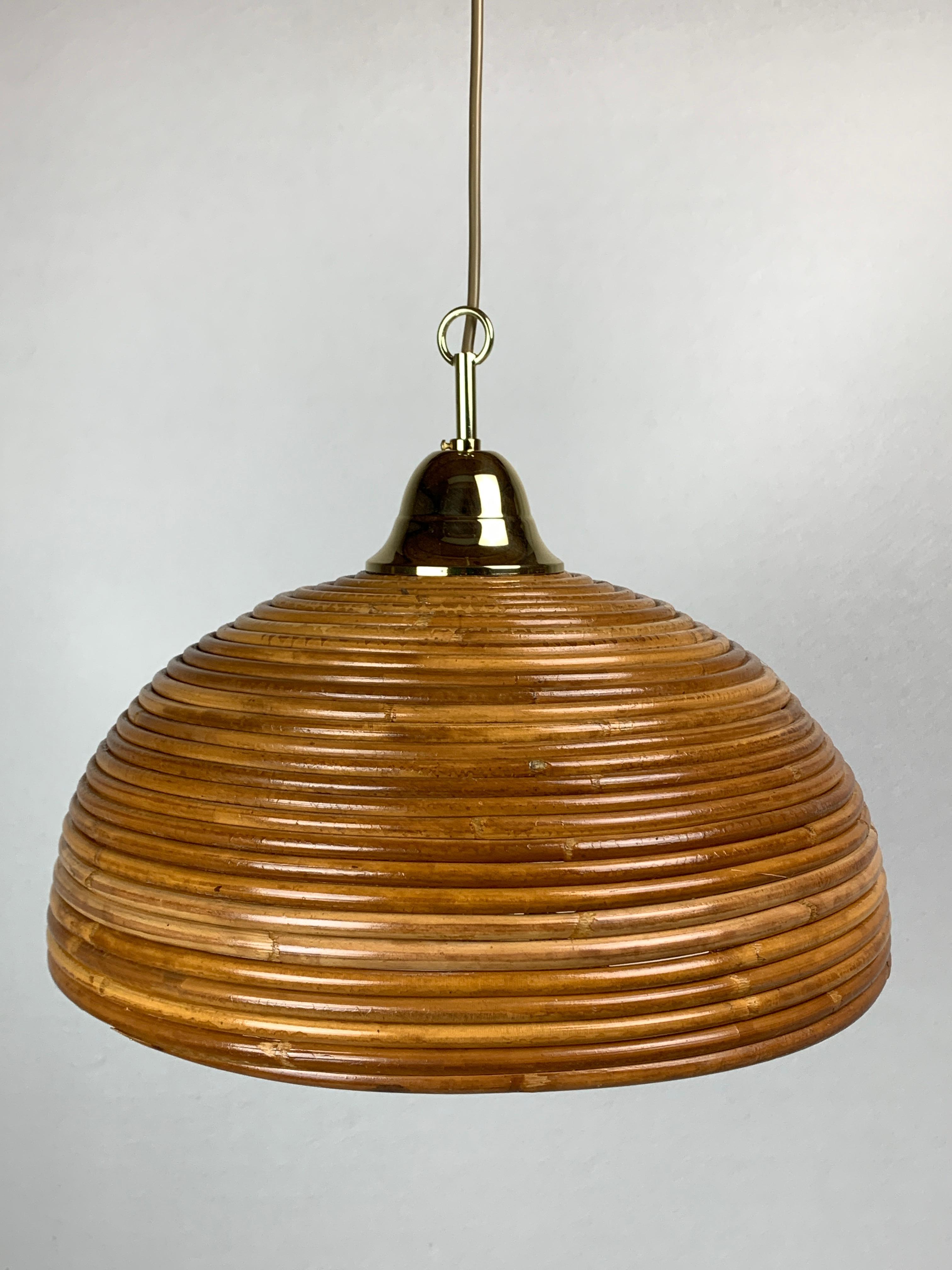 Italian Pencil reed rattan bamboo and brass pendant hanging lamp, Italy, 1970s