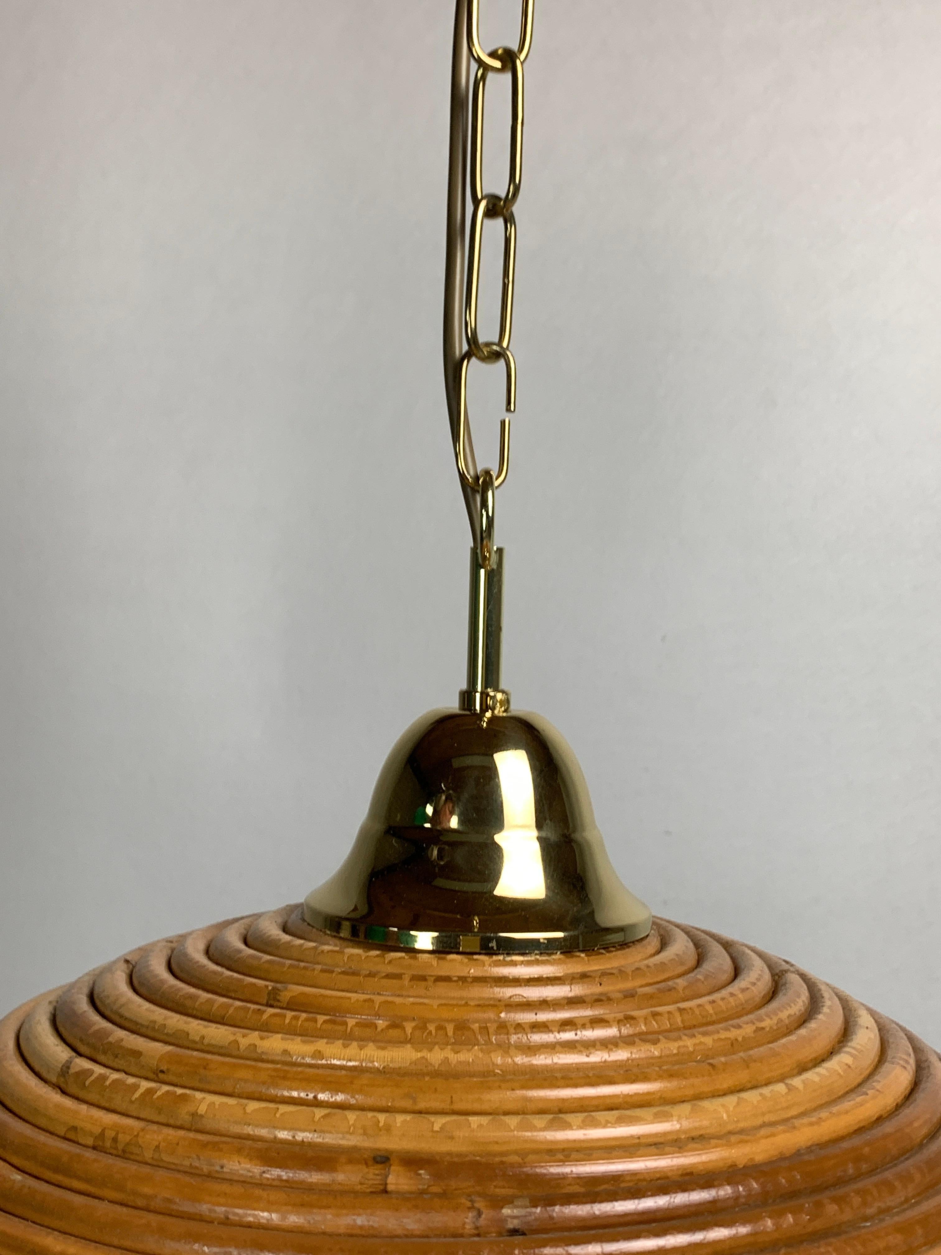 Late 20th Century Pencil reed rattan bamboo and brass pendant hanging lamp, Italy, 1970s