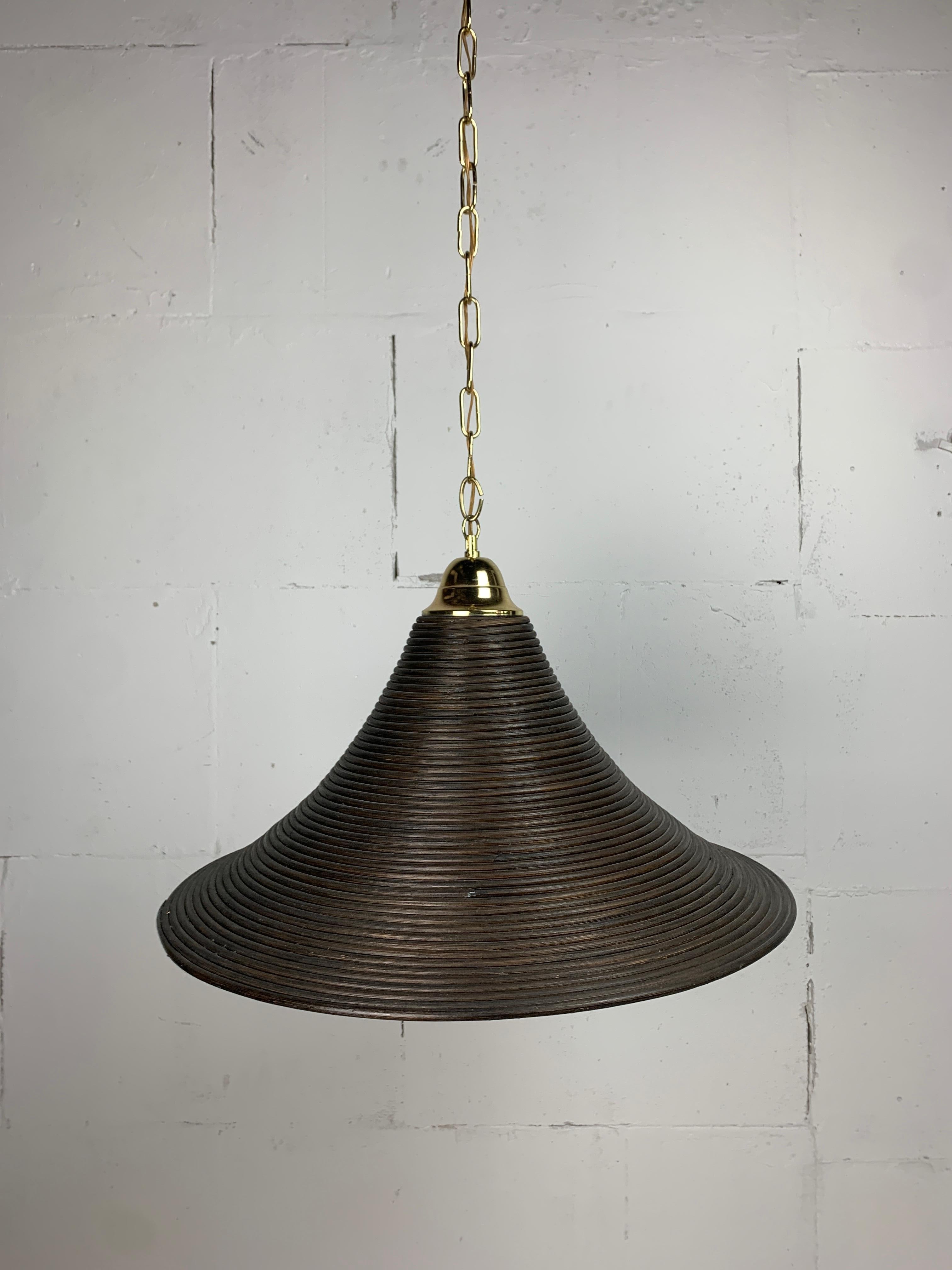 Pencil Reed, Rattan, Bamboo and Brass Pendant Hanging Lamp, Italy, 1970s For Sale 1