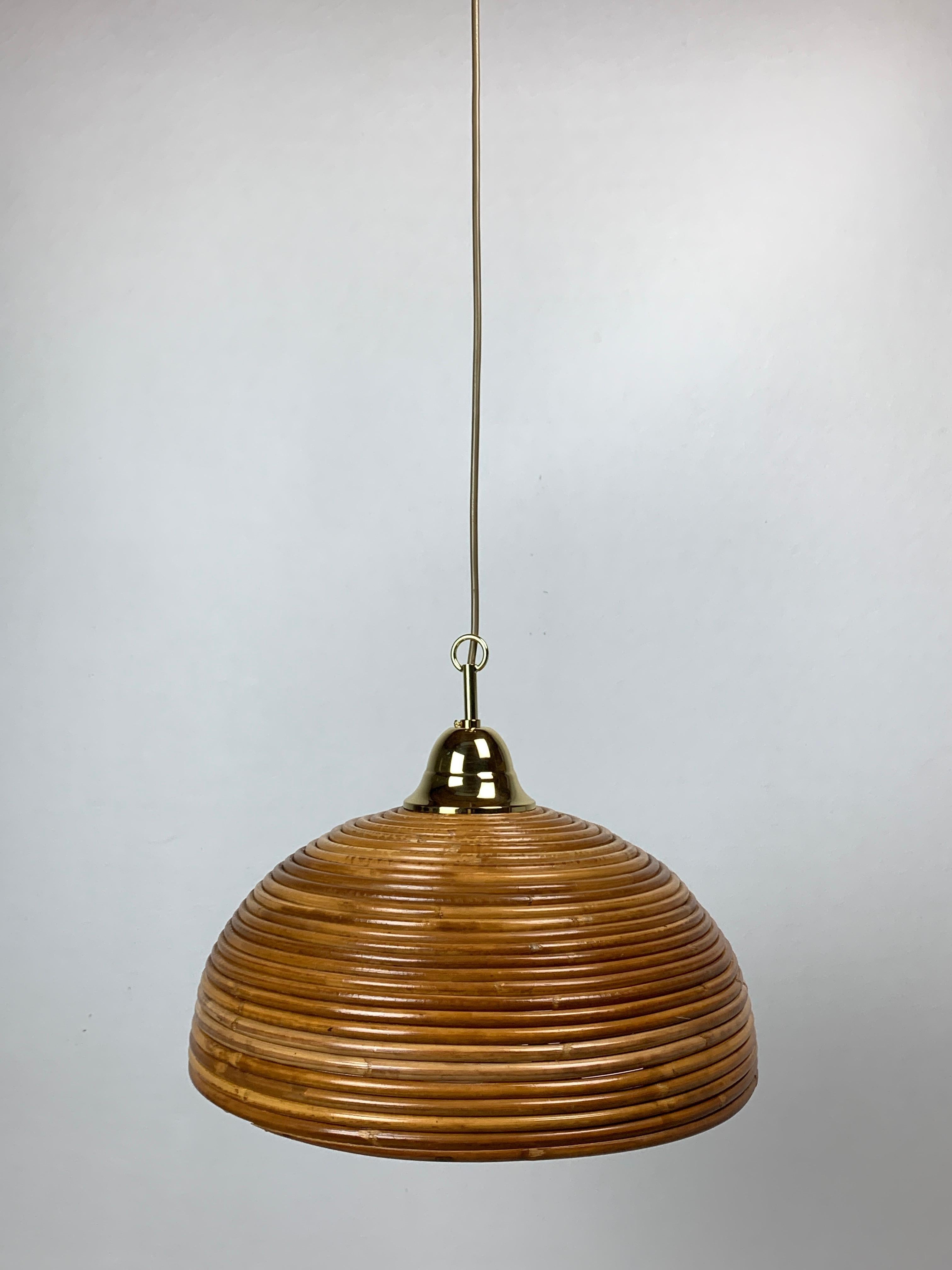 Brass Pencil reed rattan bamboo and brass pendant hanging lamp, Italy, 1970s