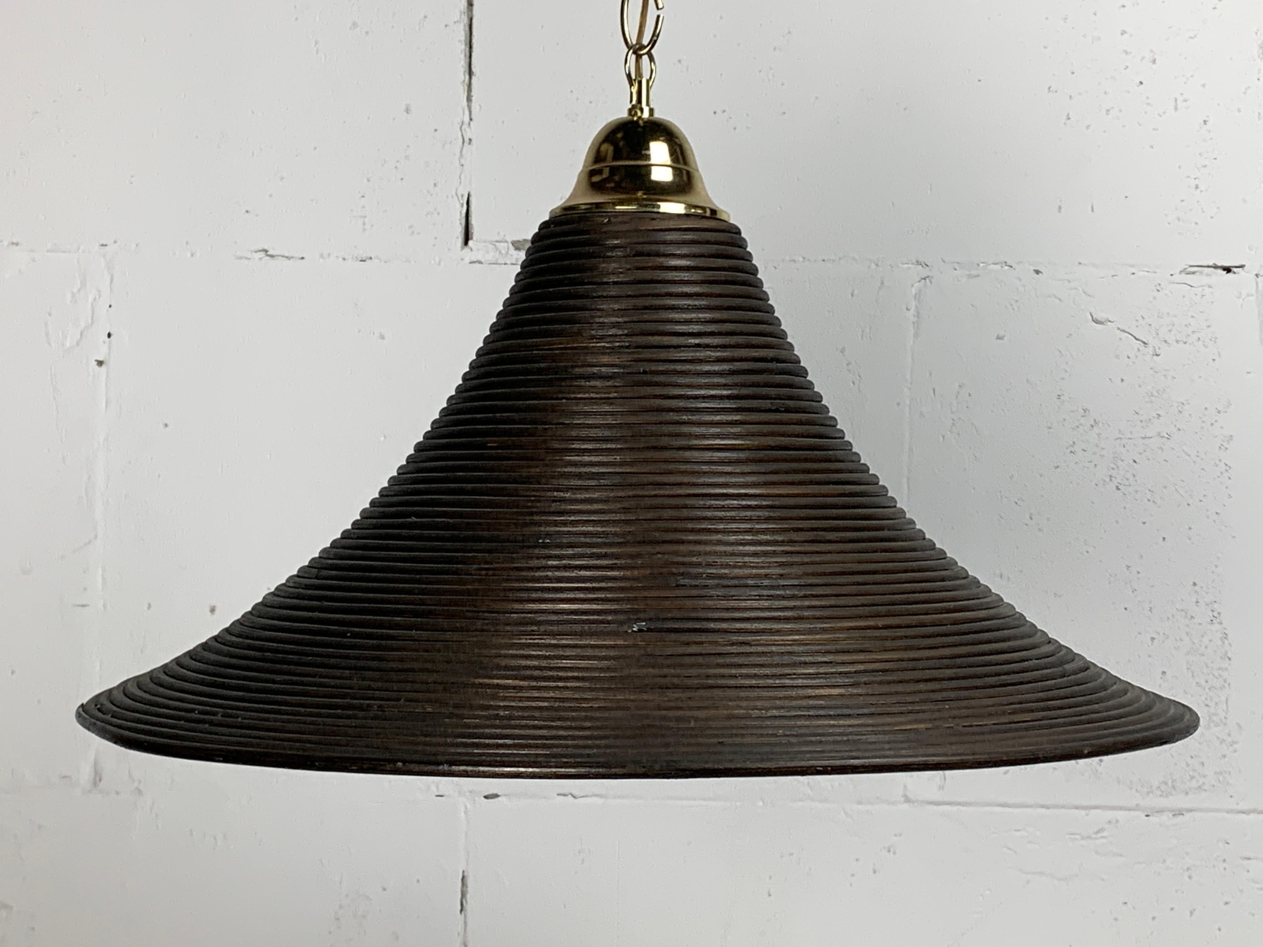 Pencil Reed, Rattan, Bamboo and Brass Pendant Hanging Lamp, Italy, 1970s For Sale 2
