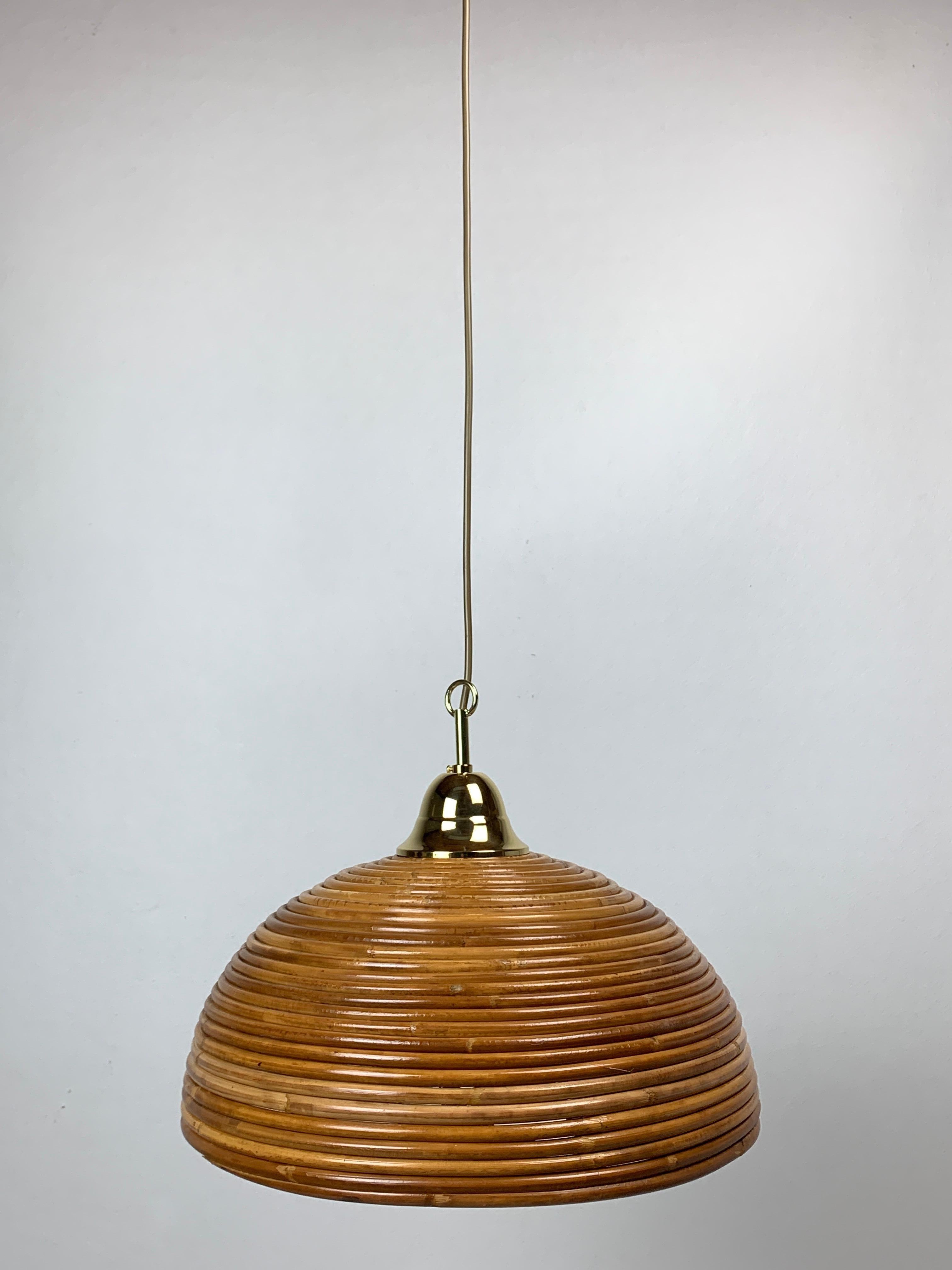Pencil reed rattan bamboo and brass pendant hanging lamp, Italy, 1970s 1
