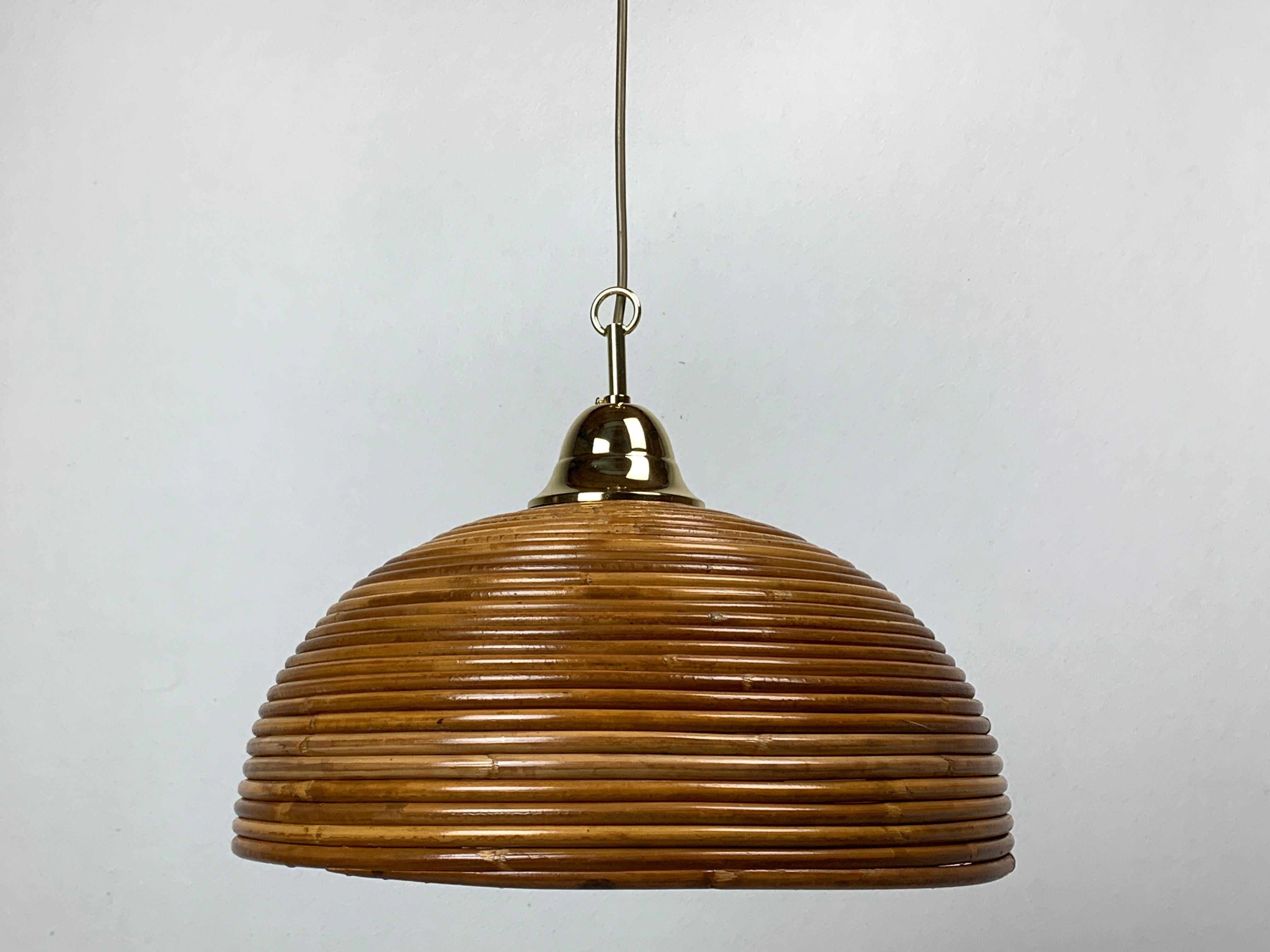 Pencil reed rattan bamboo and brass pendant hanging lamp, Italy, 1970s 2