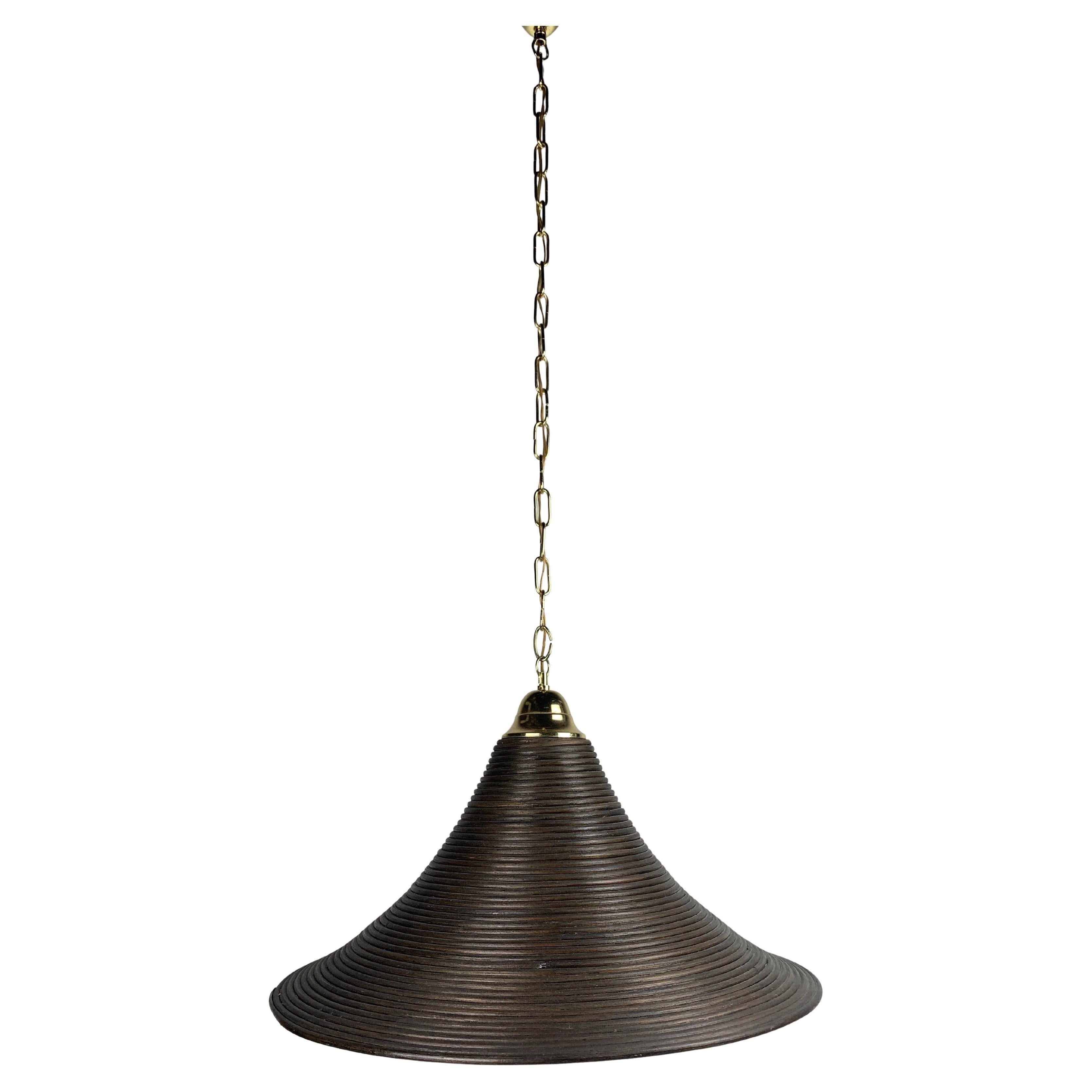 Pencil Reed, Rattan, Bamboo and Brass Pendant Hanging Lamp, Italy, 1970s