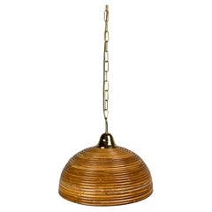 Pencil reed rattan bamboo and brass pendant hanging lamp, Italy, 1970s