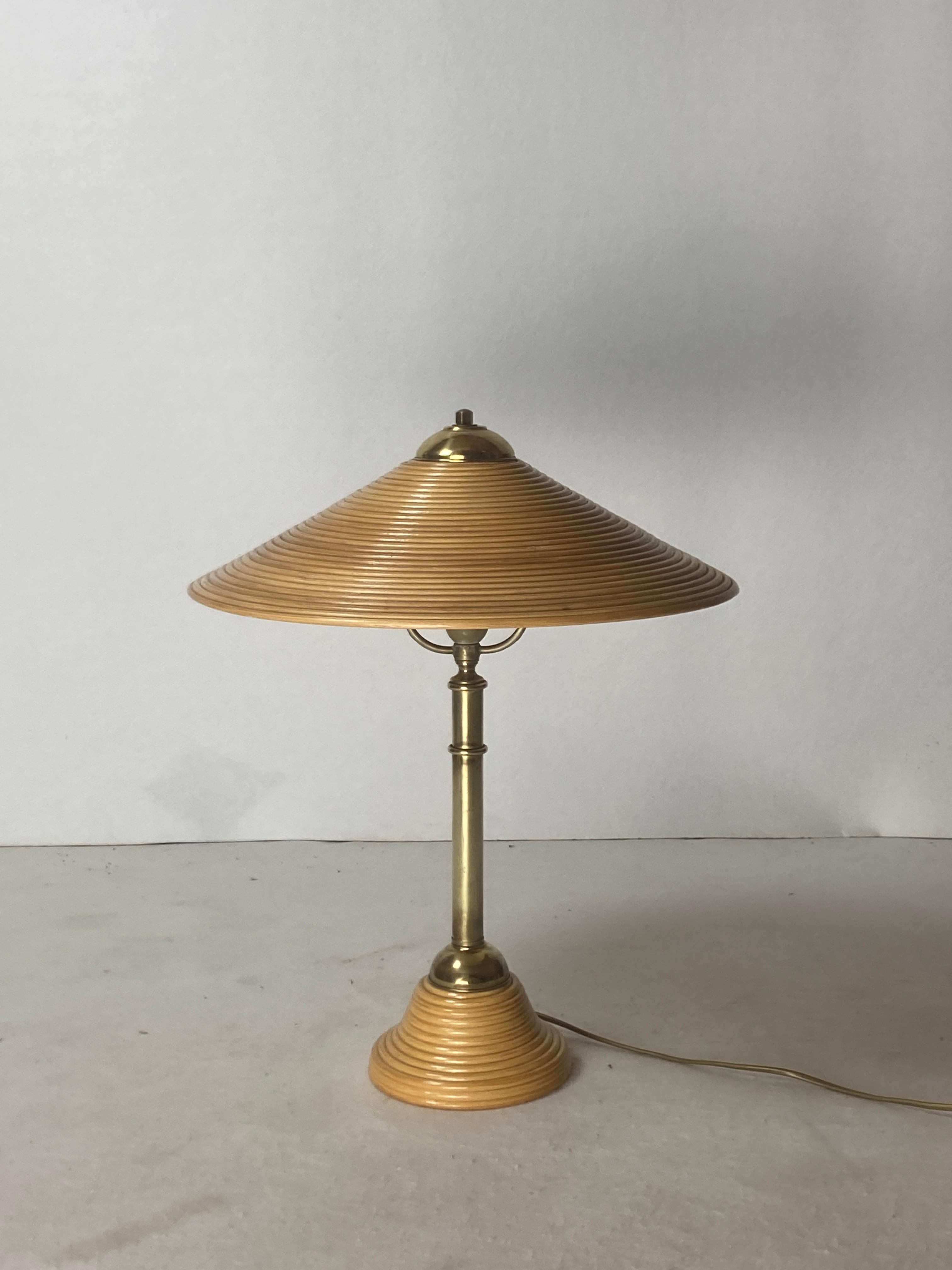 Pencil reed rattan bamboo and brass table lamp, Italy, 1970s 5
