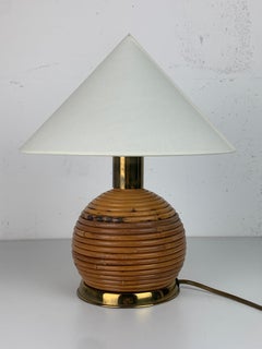Pencil reed rattan bamboo and brass table lamp, Italy 1970s