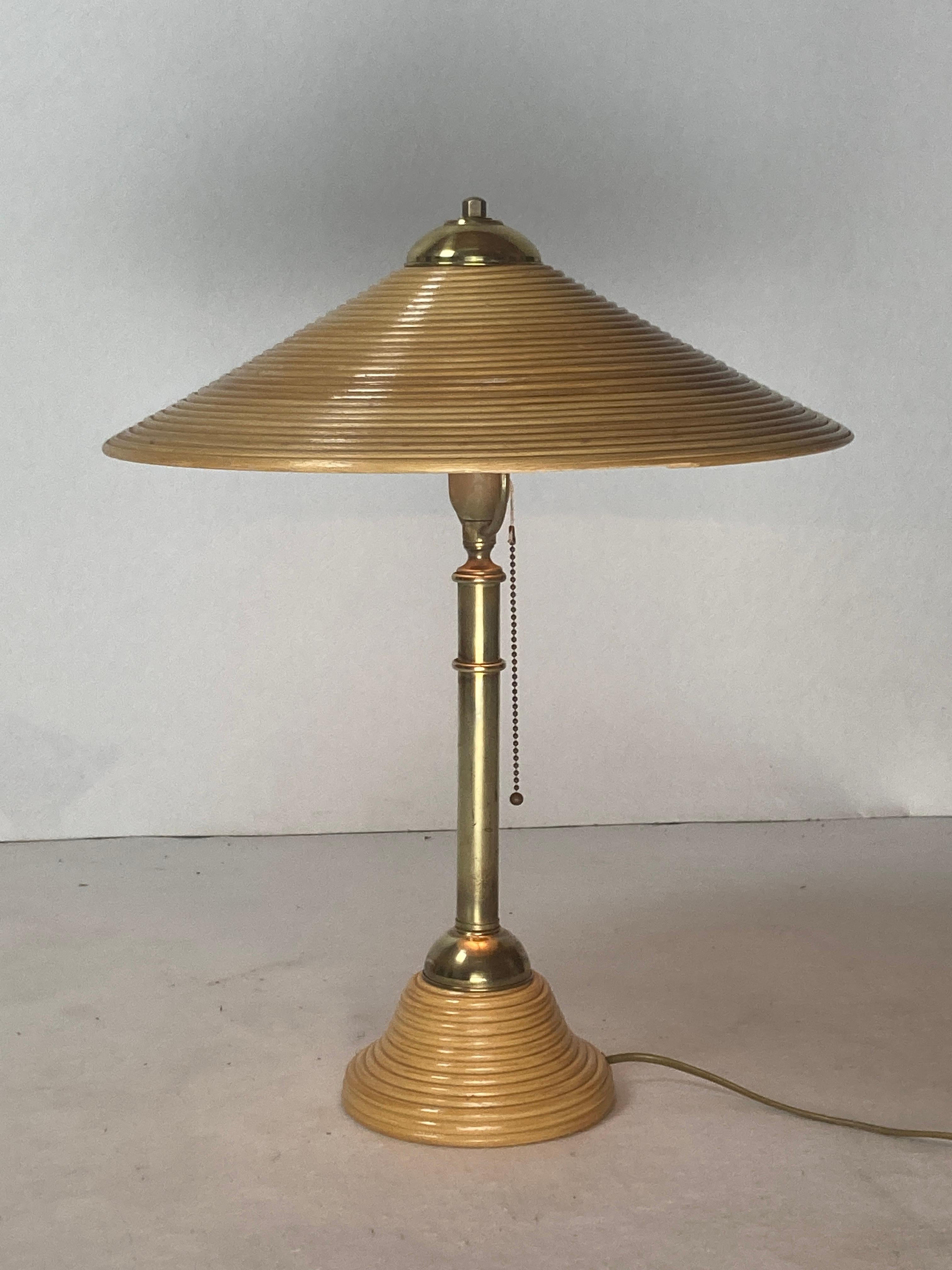 Mid-Century Modern Pencil reed rattan bamboo and brass table lamp, Italy, 1970s