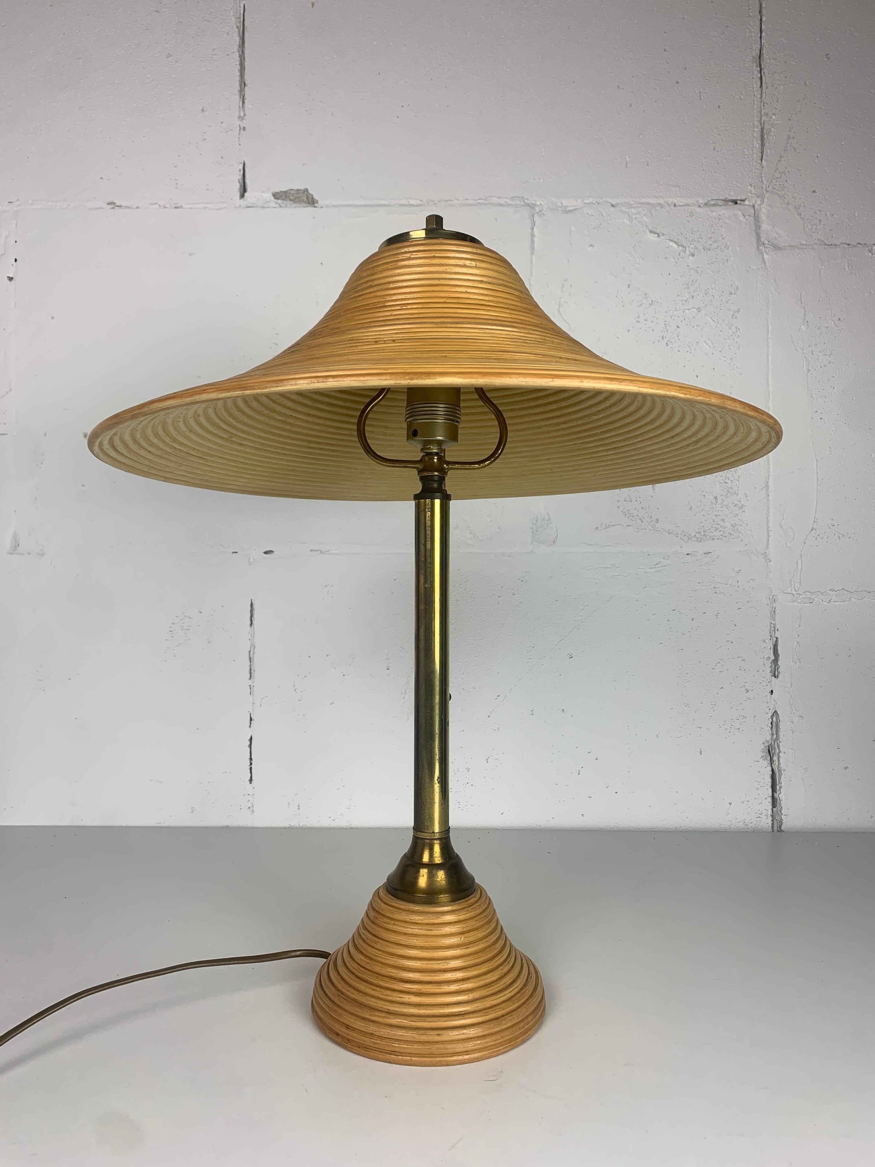 Mid-Century Modern Pencil reed rattan bamboo and brass table lamp, Italy, 1970s