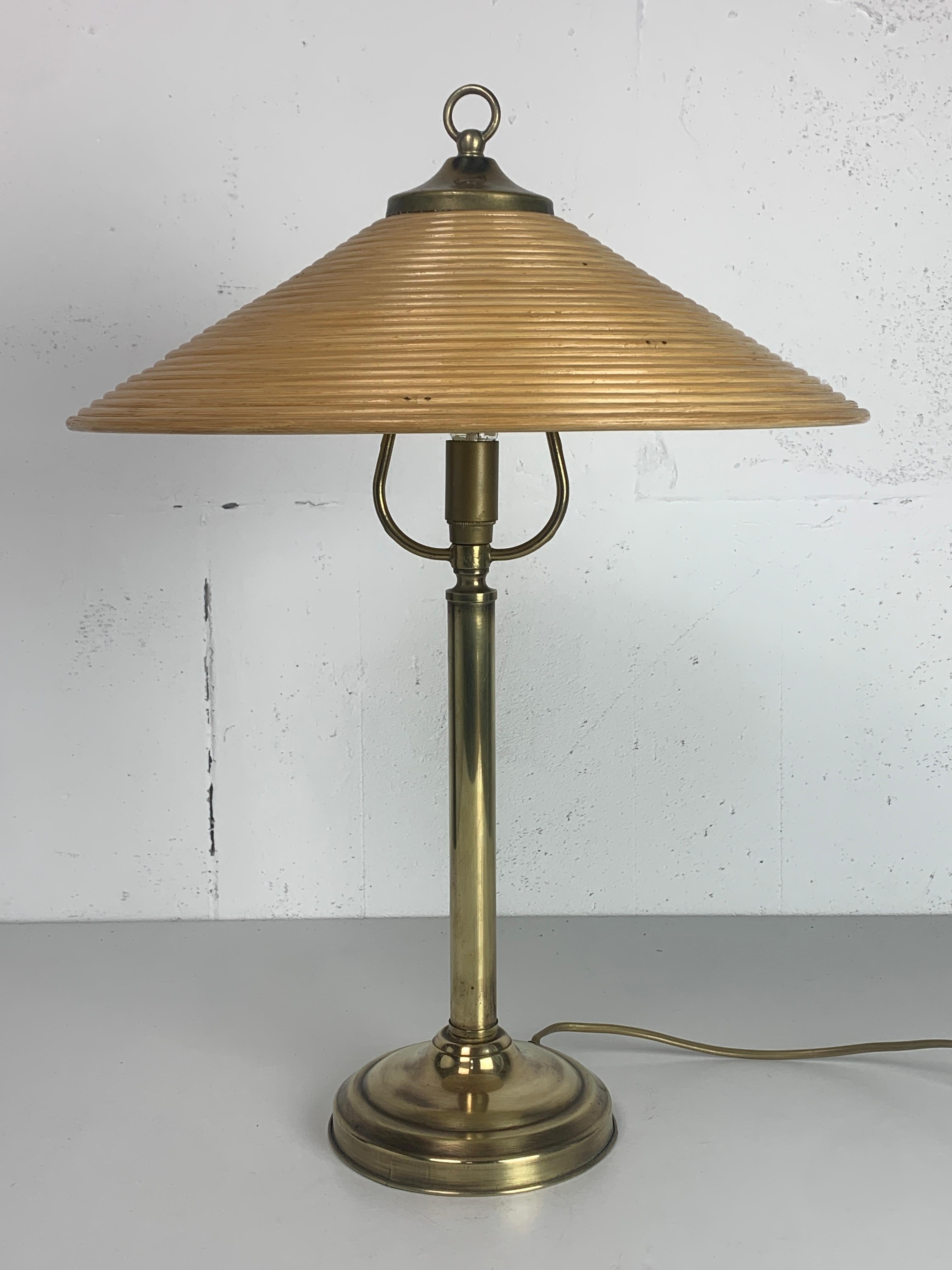 Mid-Century Modern Pencil reed rattan bamboo and brass table lamp, Italy, 1970s