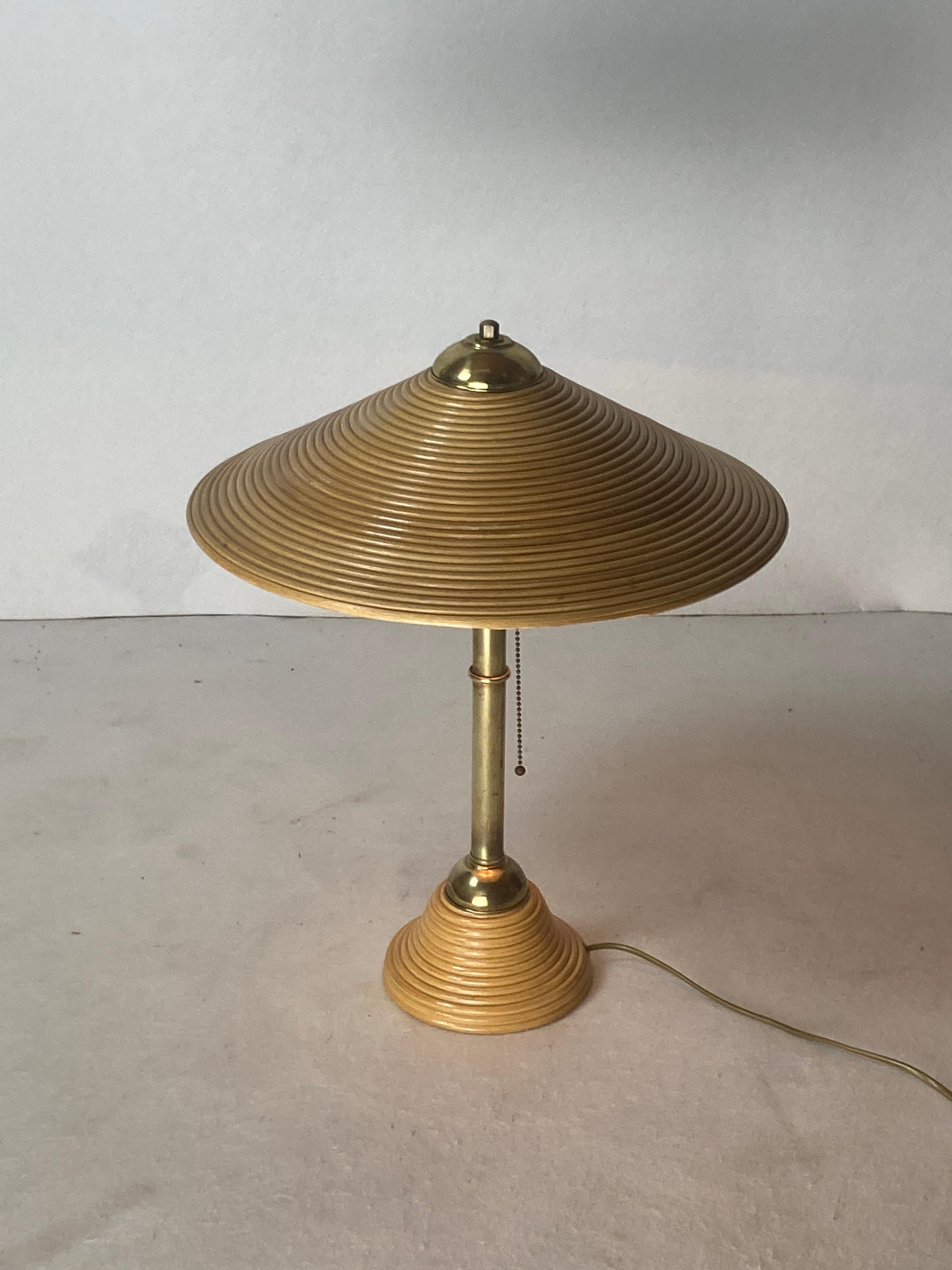 Italian Pencil reed rattan bamboo and brass table lamp, Italy, 1970s