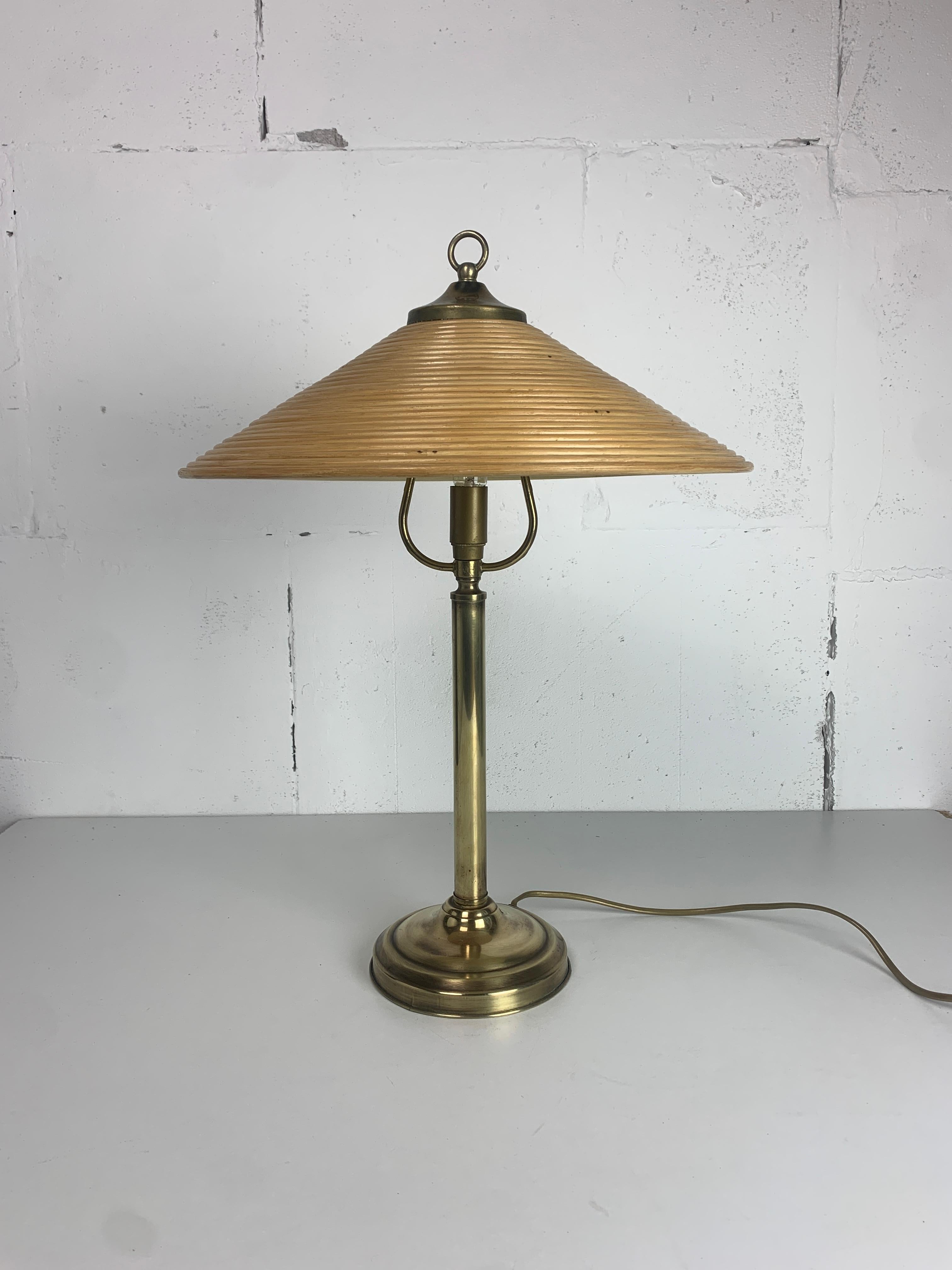 Italian Pencil reed rattan bamboo and brass table lamp, Italy, 1970s