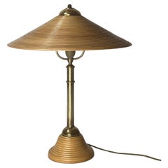 Pencil reed rattan bamboo and brass table lamp, Italy, 1970s