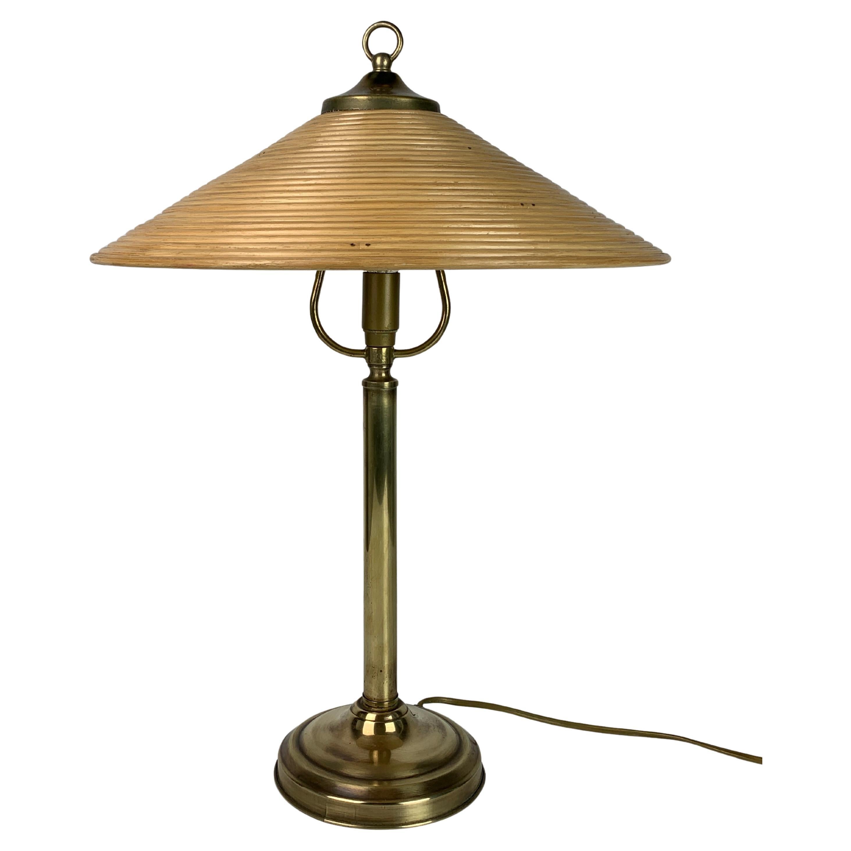 Pencil reed rattan bamboo and brass table lamp, Italy, 1970s