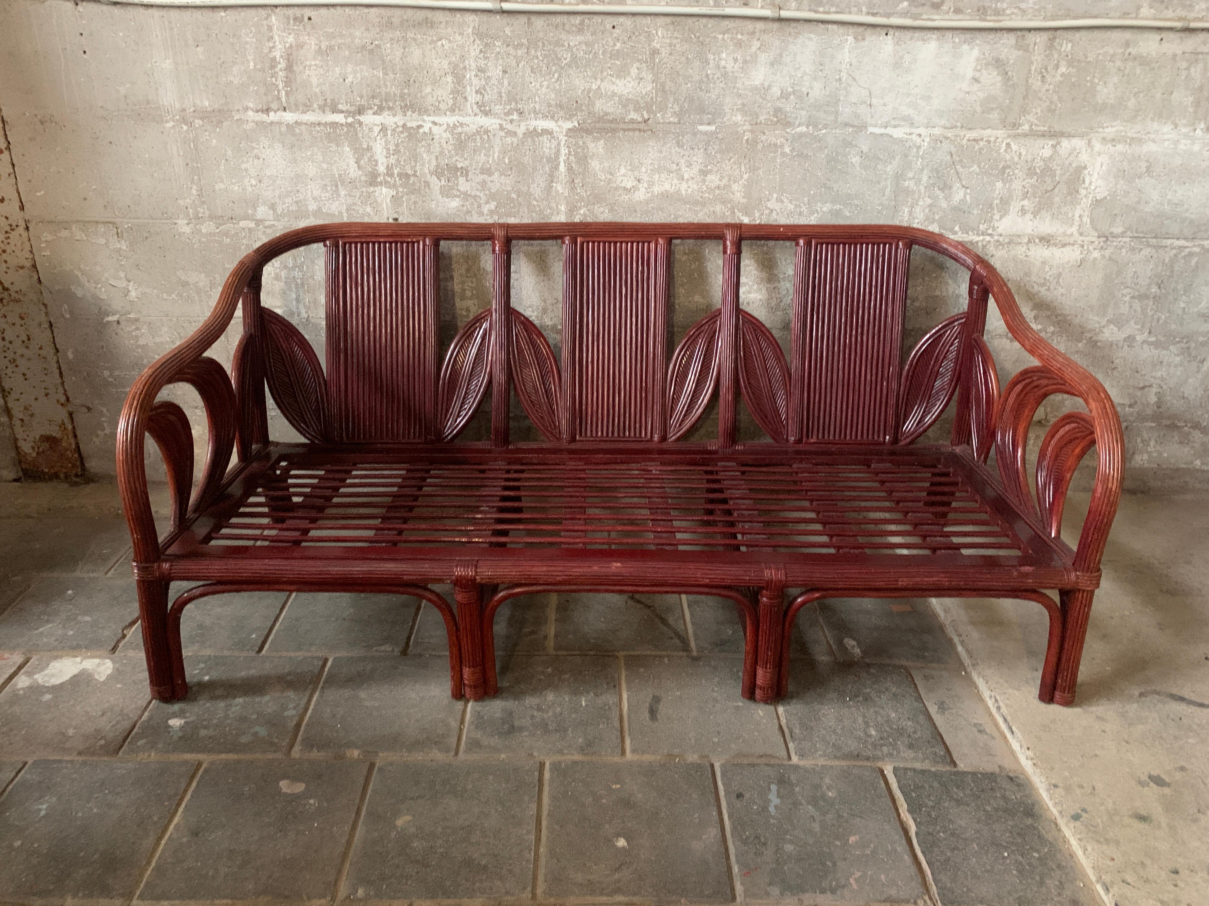 Mid-Century Modern Banc en rotin et feuilles de palmier côtières de bambou, Vivai del Sud, 1970 en vente