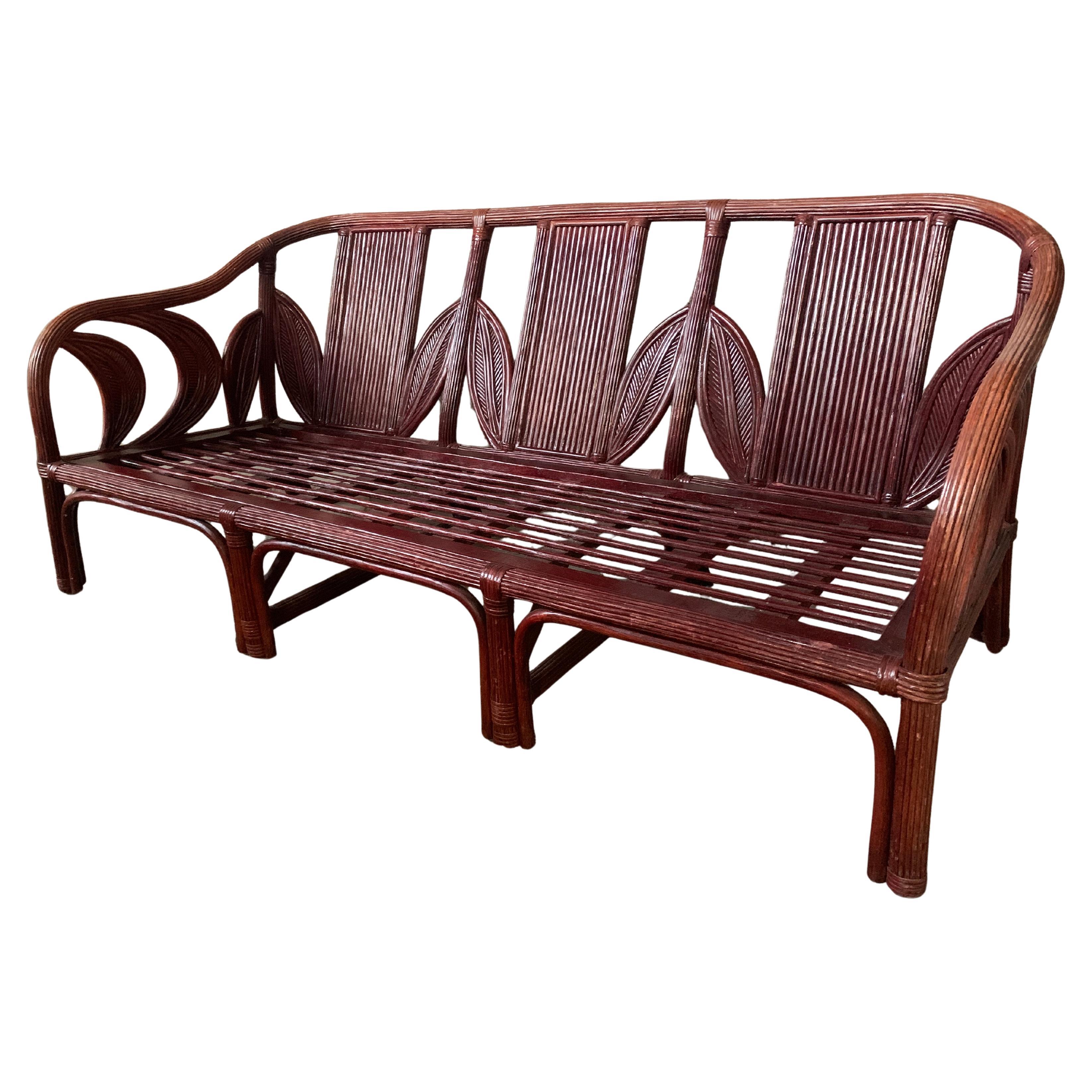 Pencil reed rattan bamboo coastal palm leaf bench, Vivai del Sud 1970s