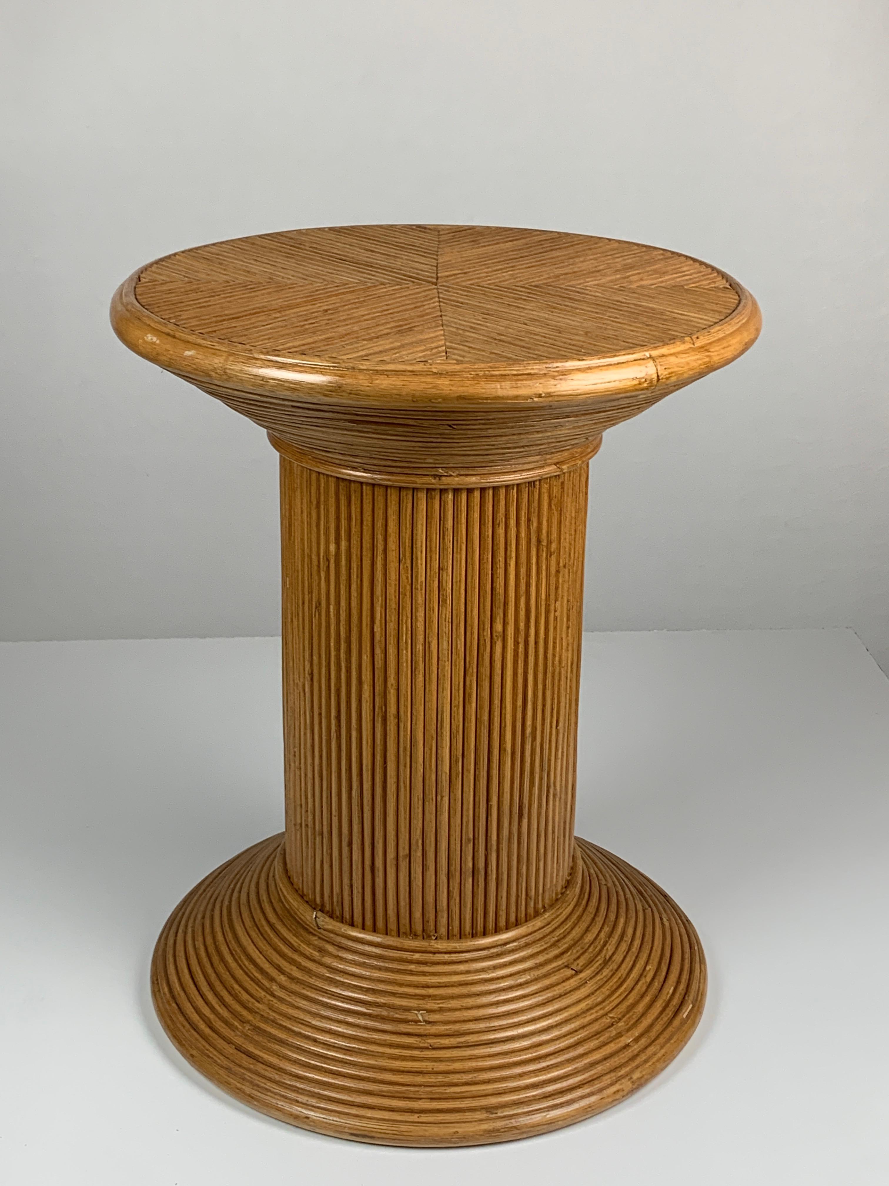 Bamboo Pencil reed rattan bamboo coastal pedestal side table, Vivai del Sud Italy 1970s