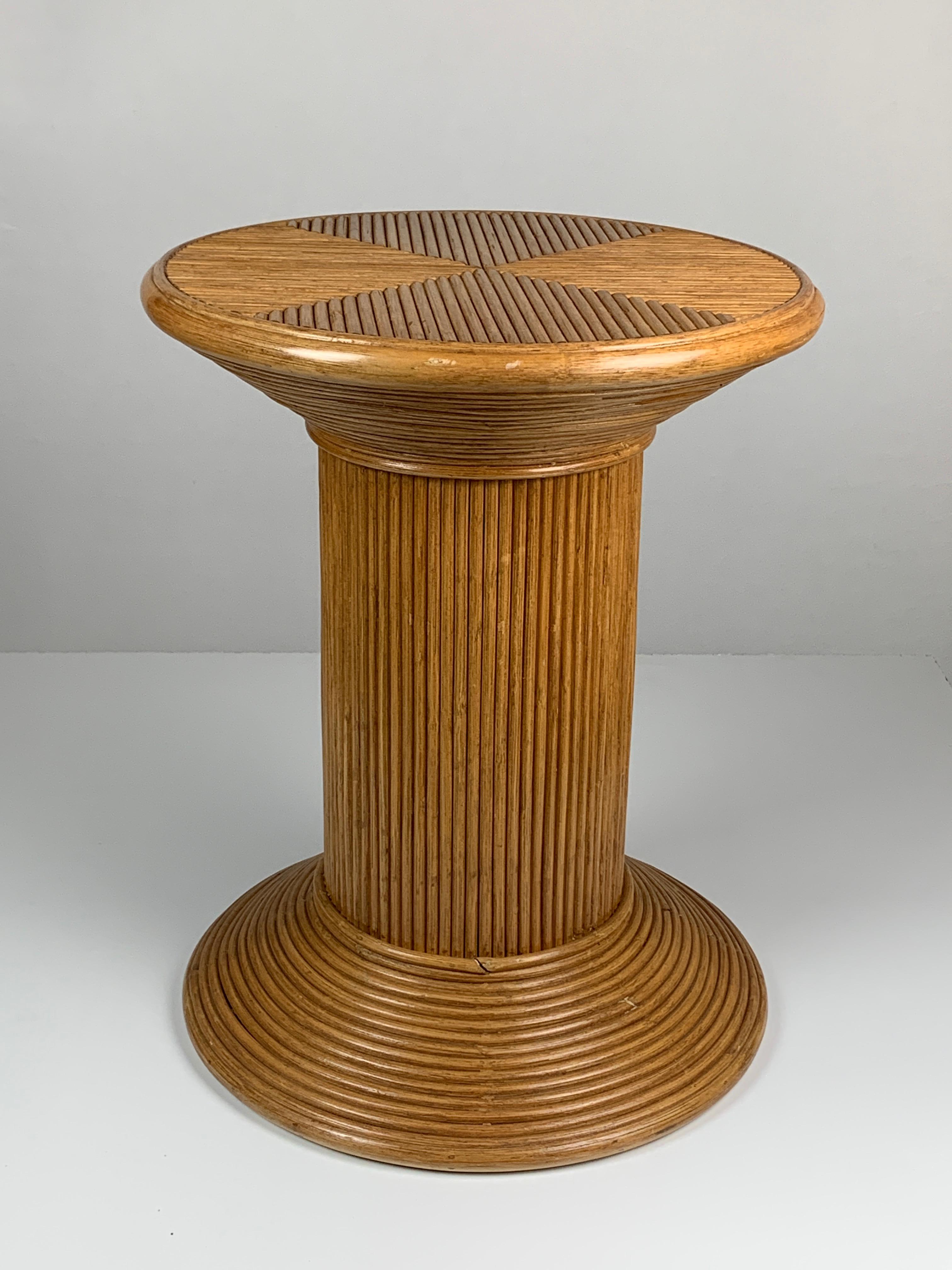 Pencil reed rattan bamboo coastal pedestal side table, Vivai del Sud Italy 1970s 2