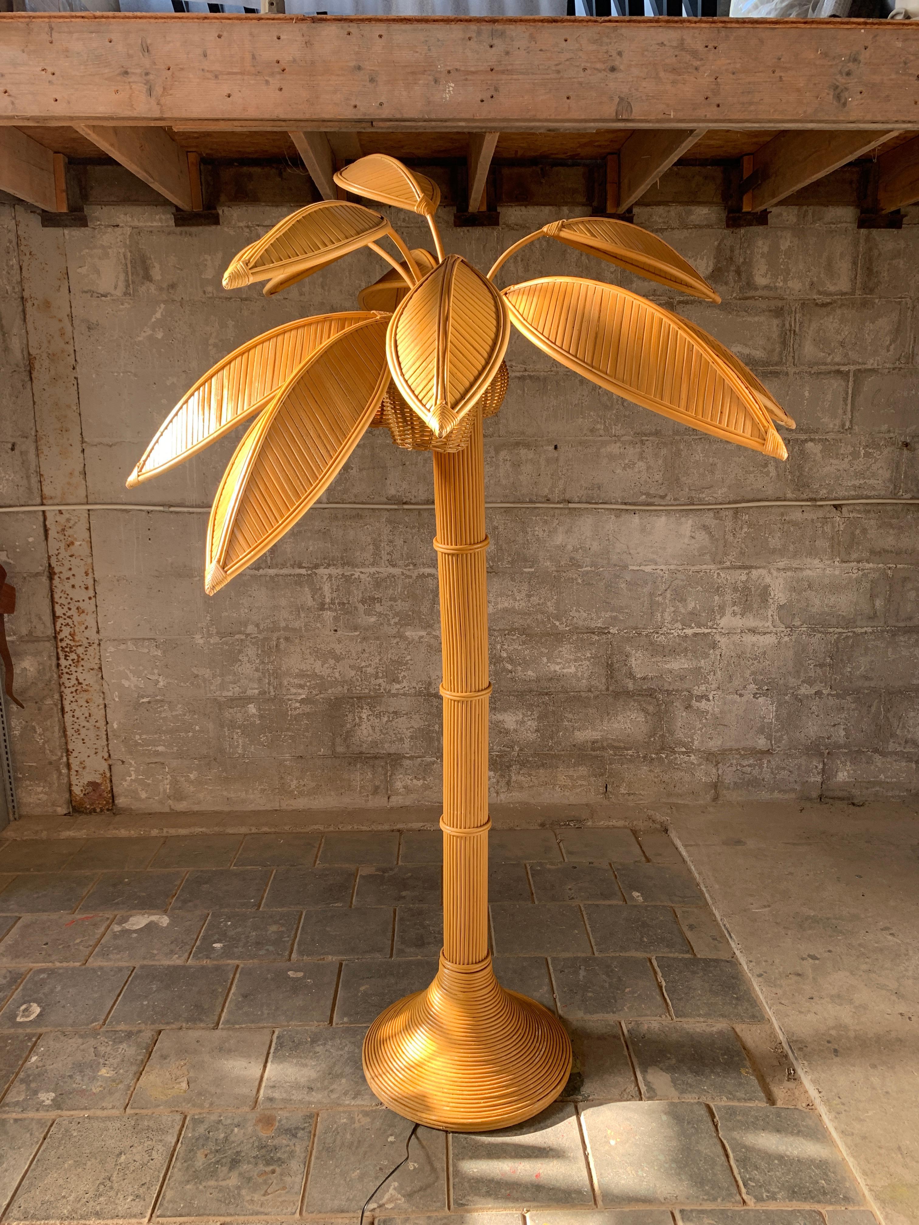 Mid-Century Modern Pencil Reed rattan bamboo coconut palm tree floor lamp