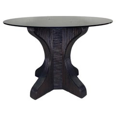 Pencil reed rattan bamboo dining or side table base with smoked glass top, 1970s