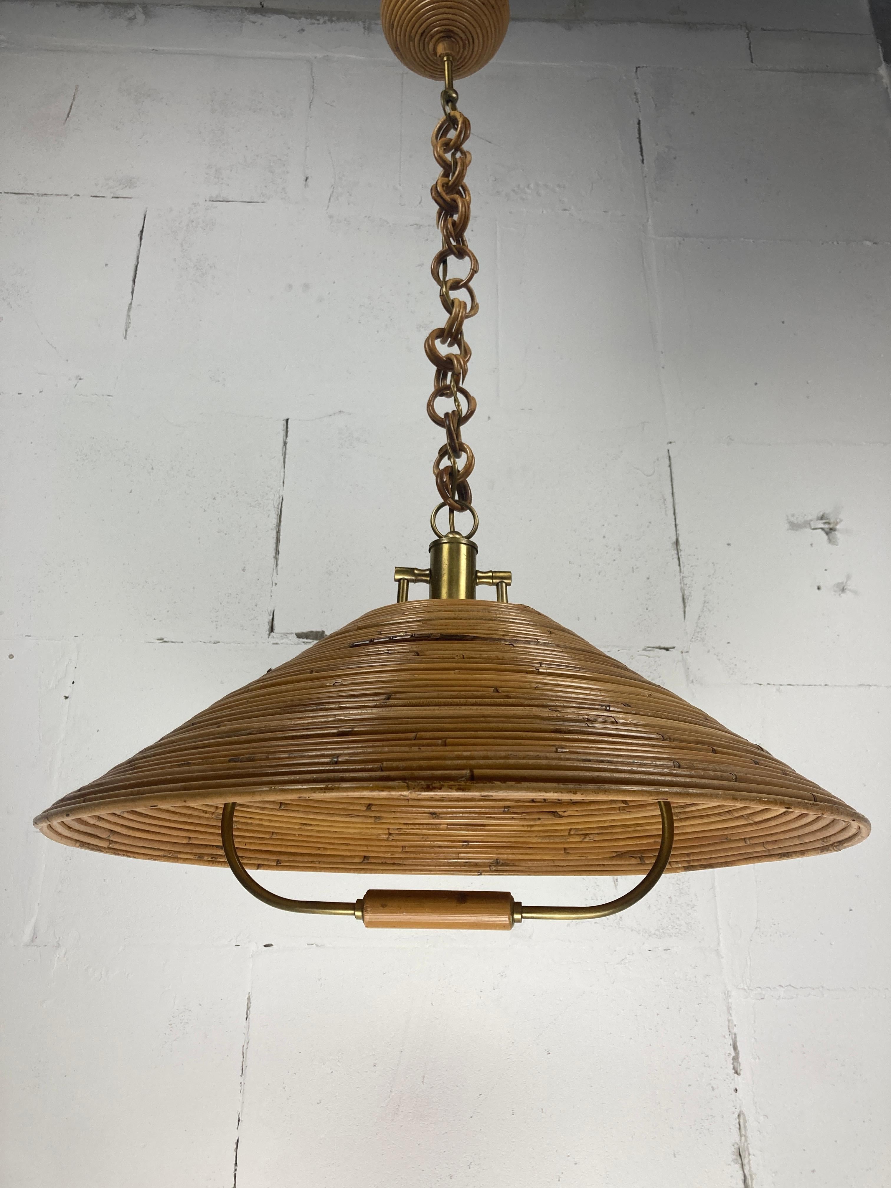 Pencil Reed Rattan Bamboo Pendant Lamp, Italy, 1970 5