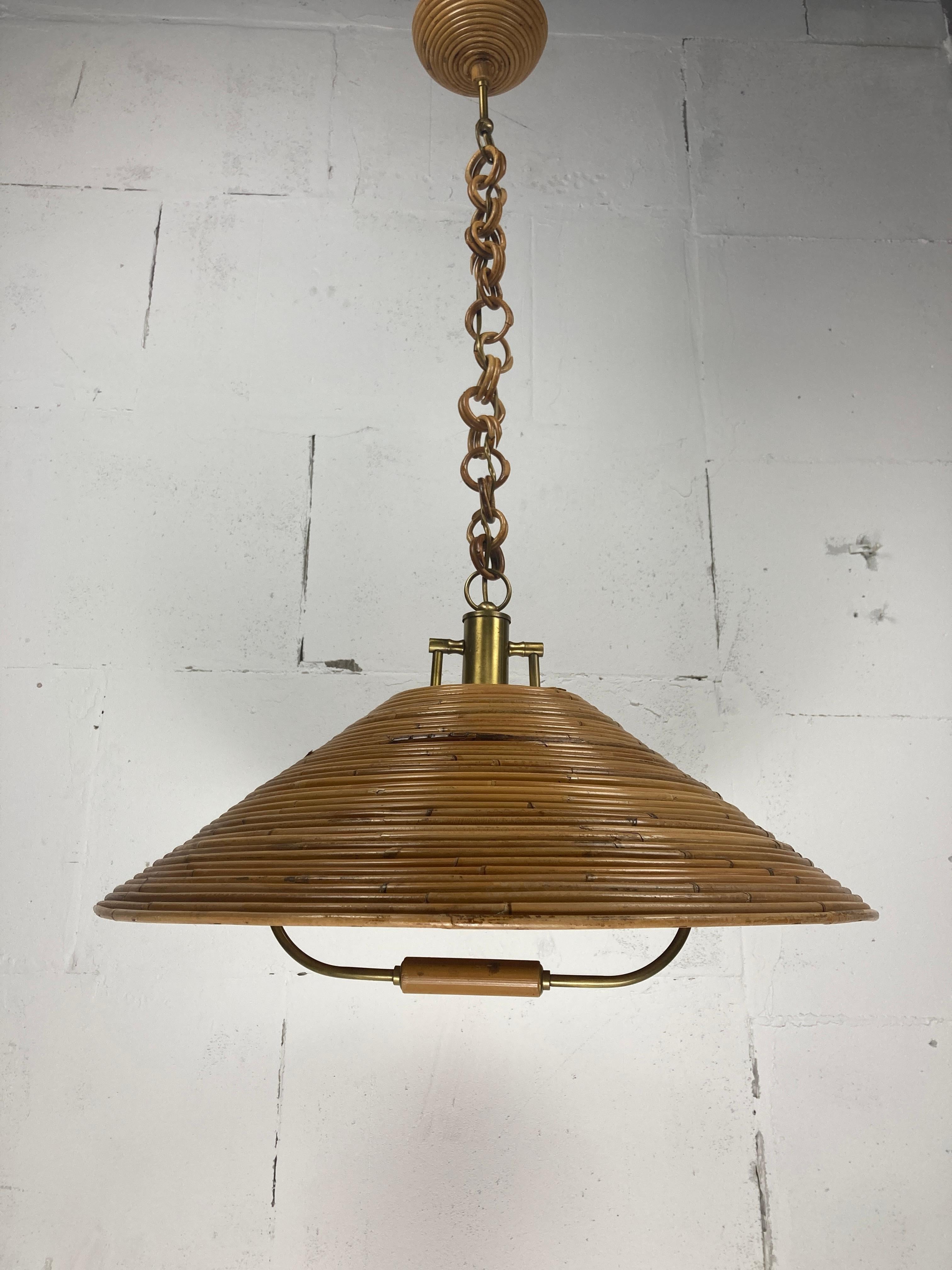 Very rare and very large version of a pendant lamp in pencil reed rattan bamboo dating from the 1970s and from Italy. Pencil reed rattan was made popular in europe by Gabriella Crespi and Vivai del sud amongst others and we offer several models so