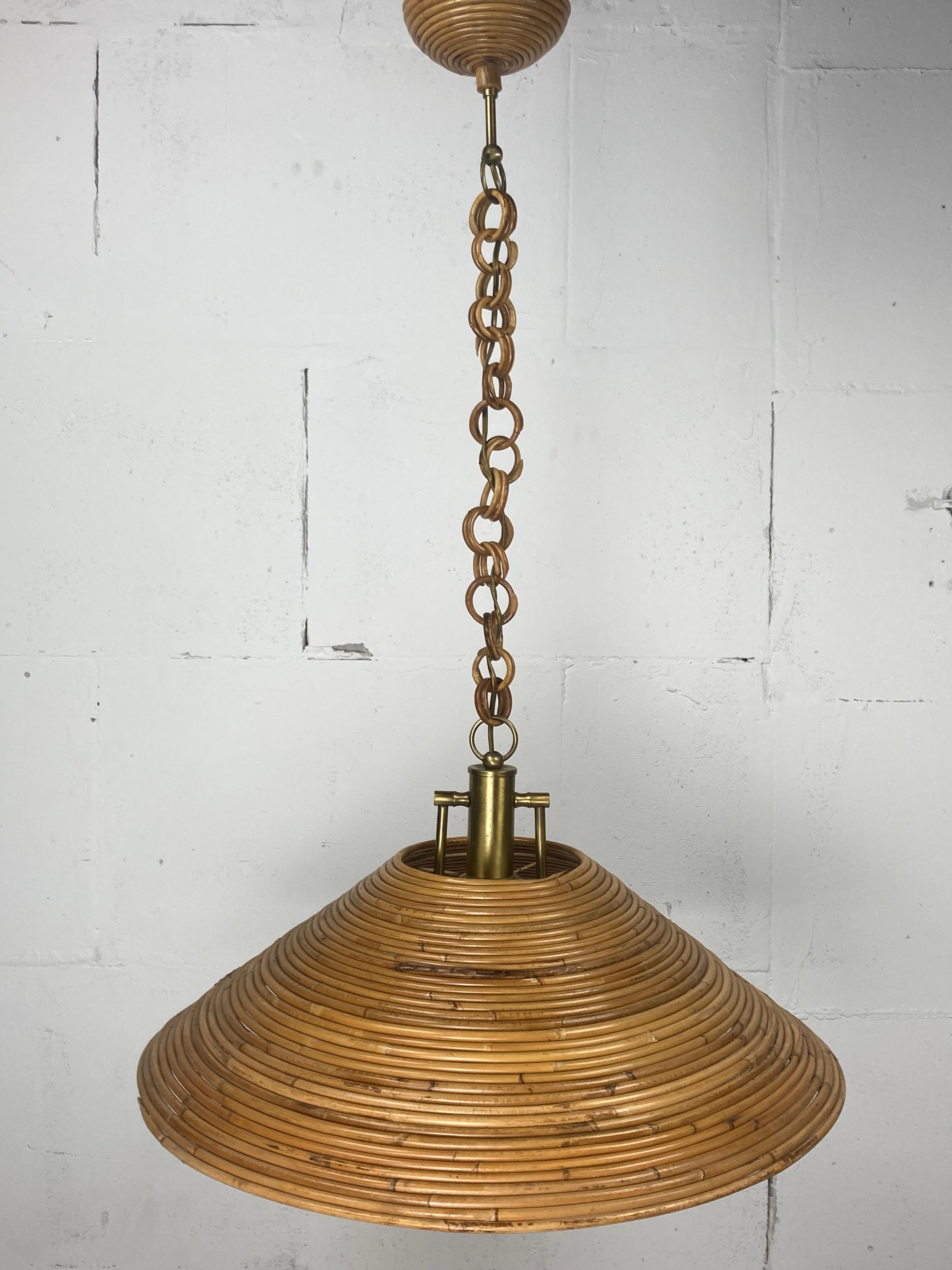 Pencil Reed Rattan Bamboo Pendant Lamp, Italy, 1970 3