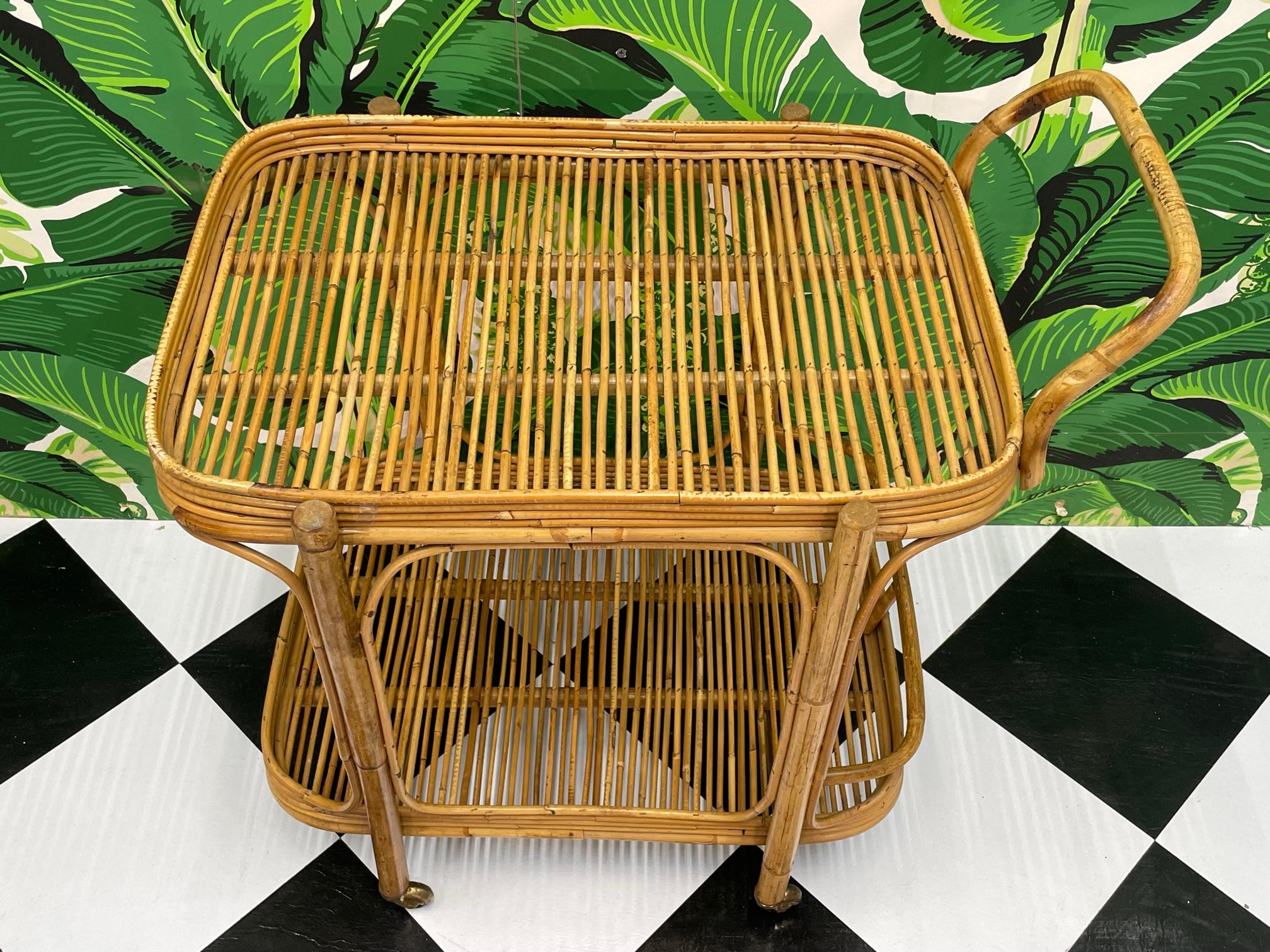 Pencil Reed Rattan Bar Cart In Good Condition In Jacksonville, FL