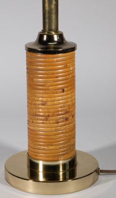 Pencil Reed Rattan & Messing Tischlampe, Mid Century Modern 1950s