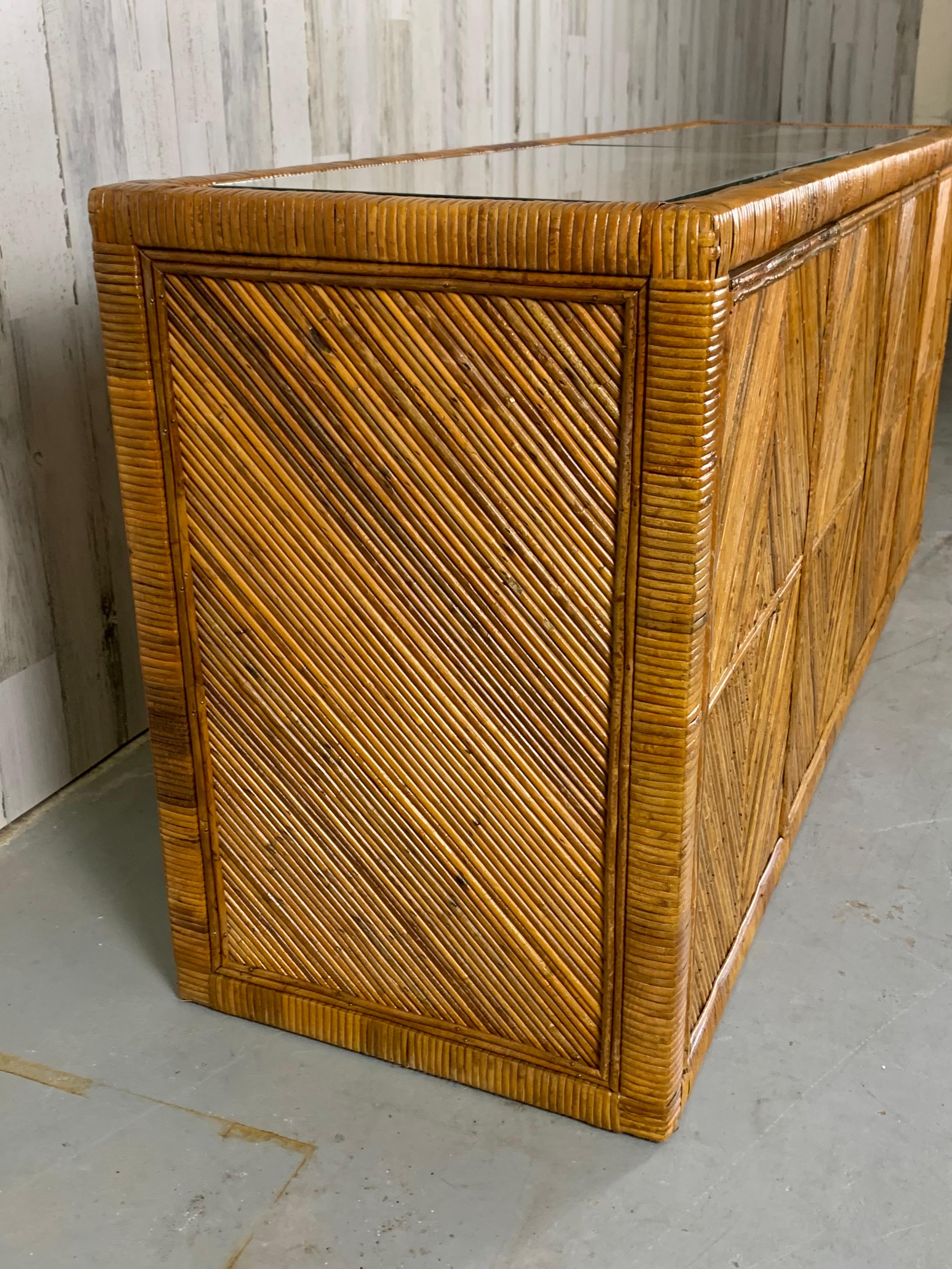 Mid-Century Modern Pencil Reed Rattan Diamond Design Credenza
