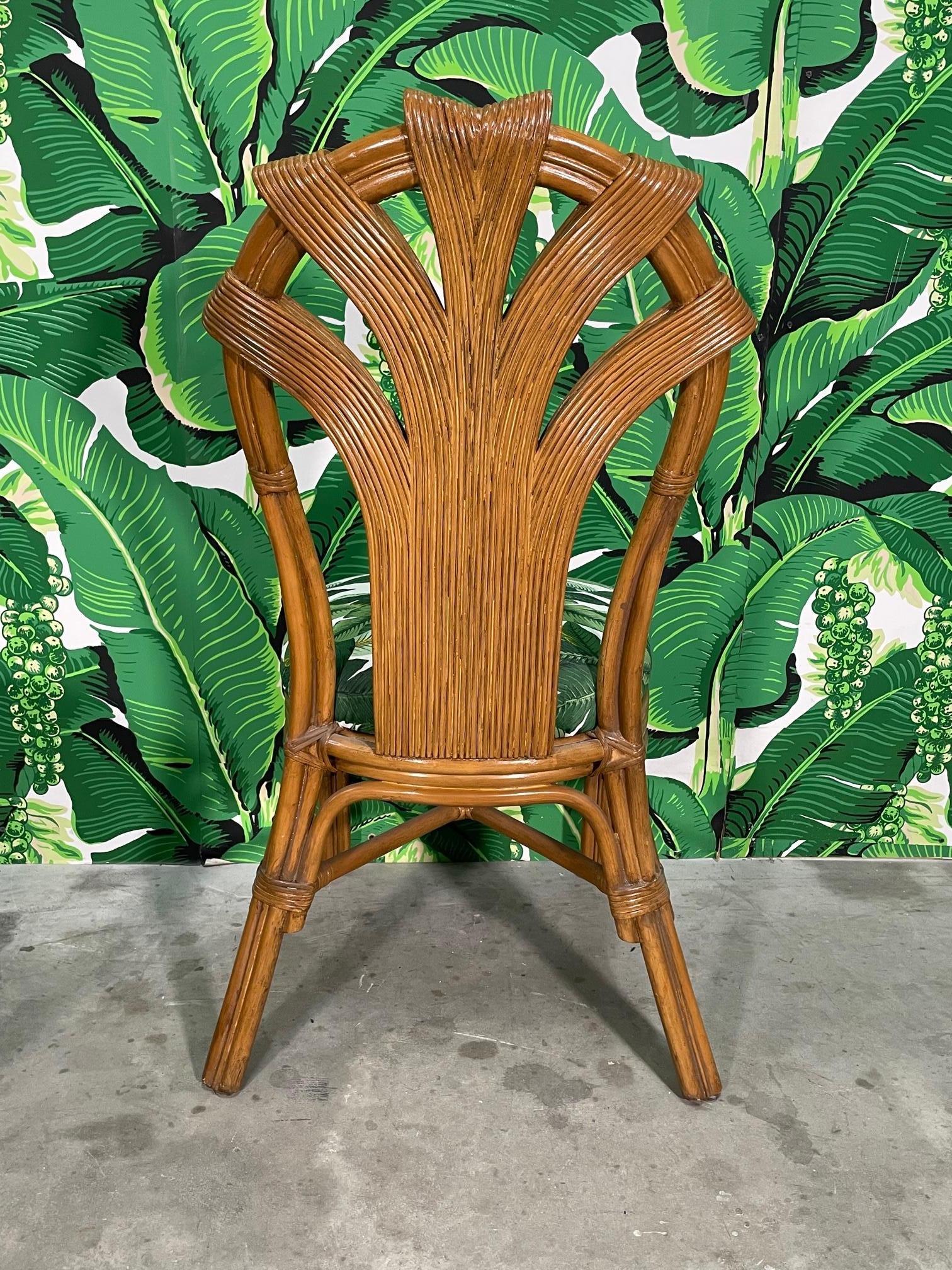 Upholstery Pencil Reed Rattan Dining Chairs in the Manner of Betty Cobonpue, Set of 4 For Sale