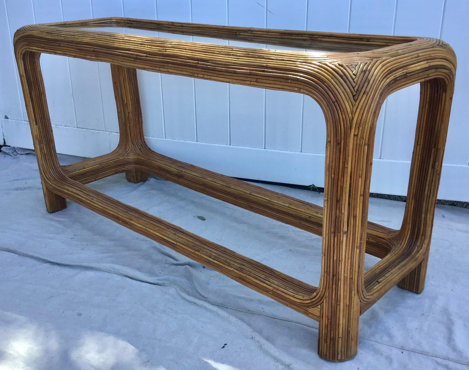 Pencil Reed Rattan Glass Top Console Sofa Table, Gabriella Crespi Style In Good Condition In Bradenton, FL