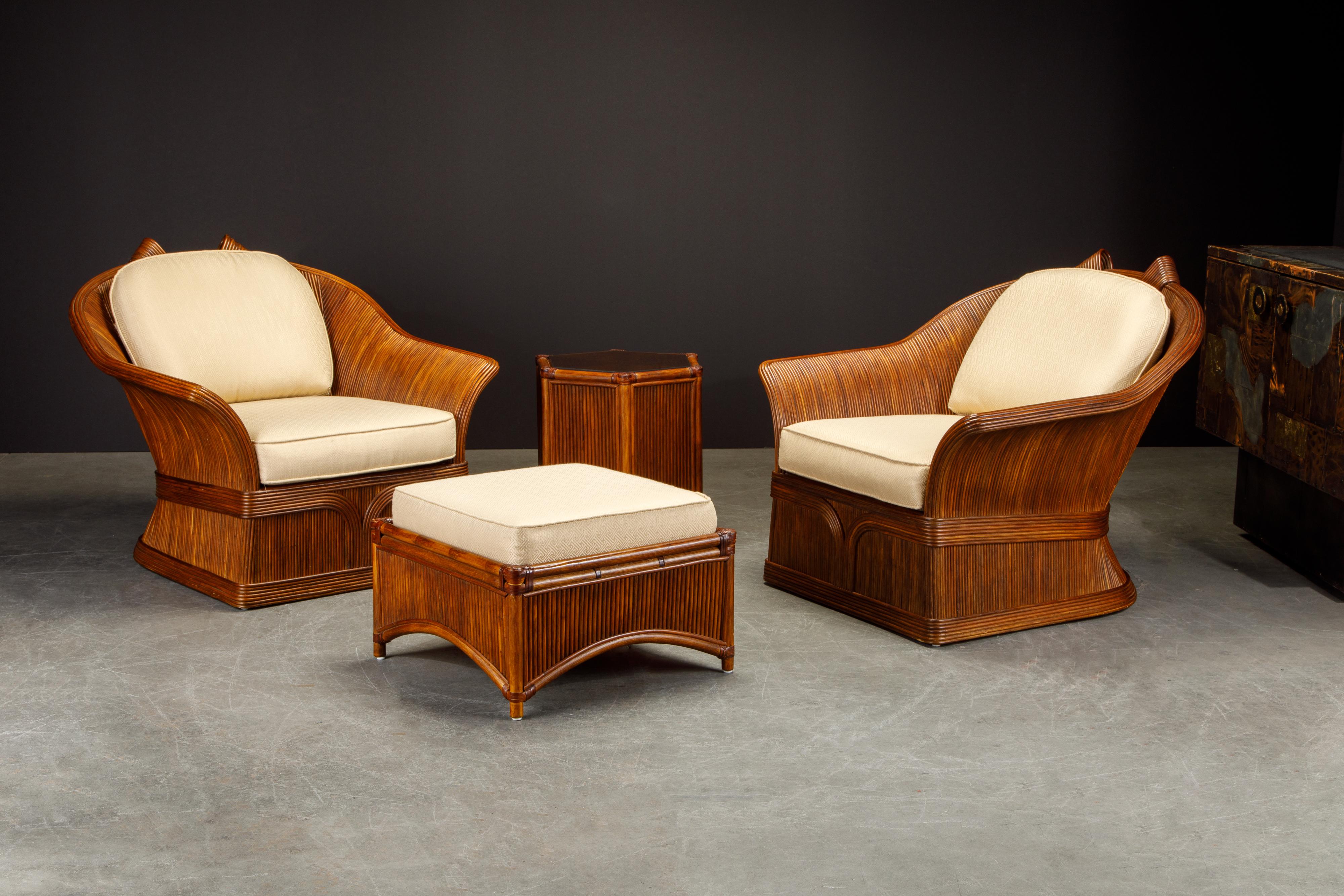 Pencil Reed Rattan Lounge Chair Set Attributed to Betty Cobonpue, circa 1980s In Good Condition In Los Angeles, CA